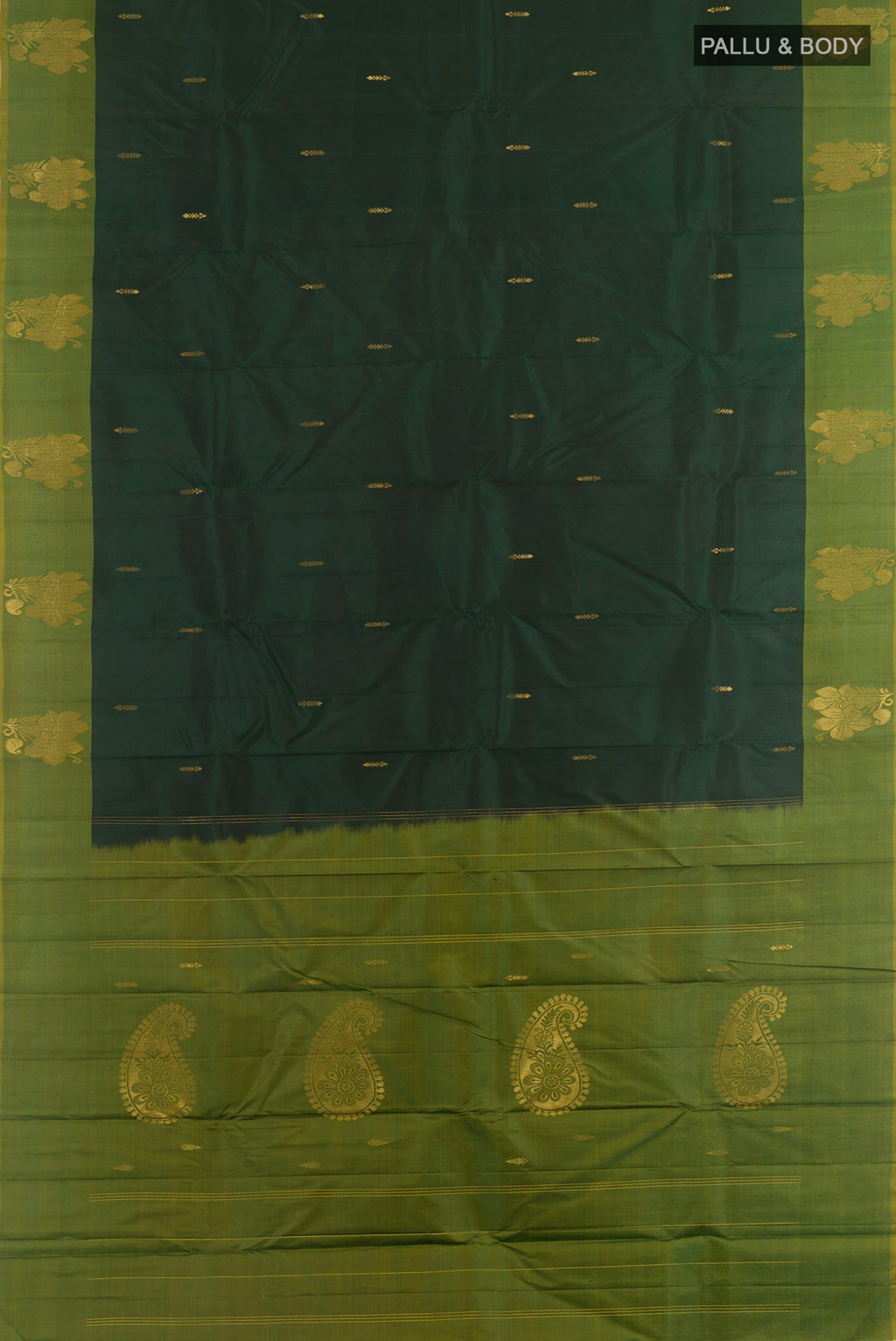 Flat view of Bottle Green Kanchipuram Silk Saree with Zari Butta on the body and Zari Border. 