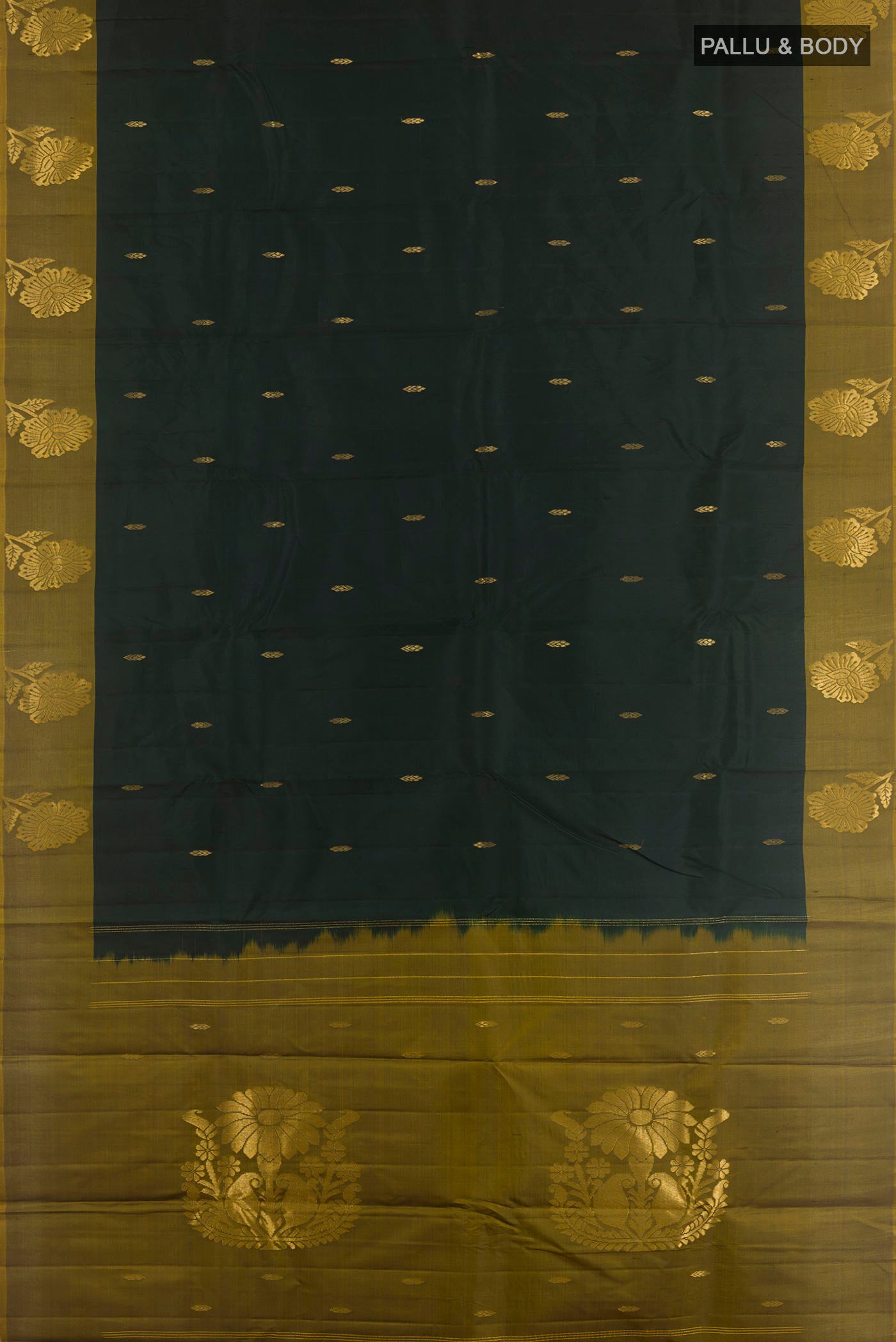 Flat view of Bottle Green Kanchipuram Silk Saree with Zari Butta on the body and Zari Border. 