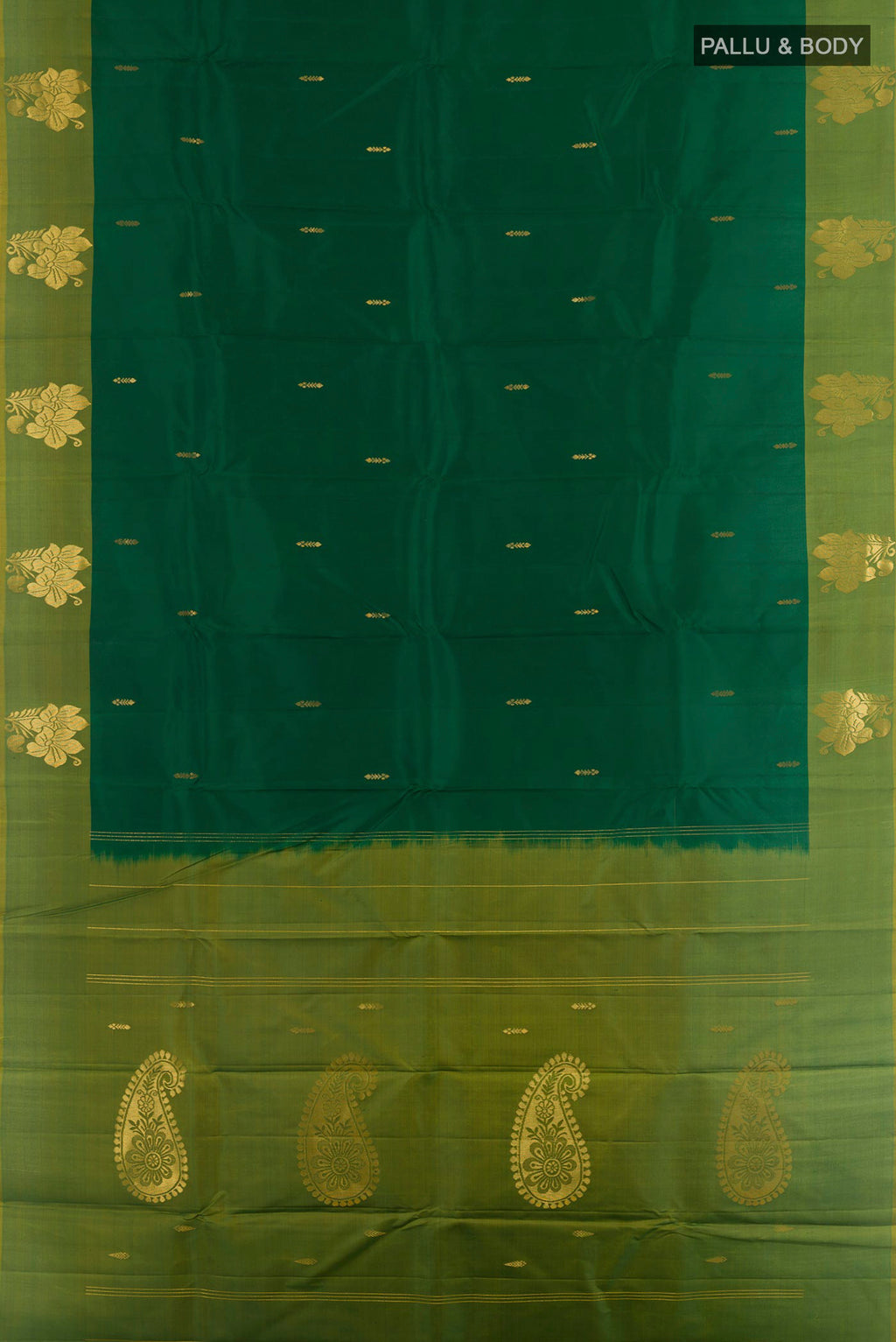 Flat view of Bottle Green Kanchipuram Silk Saree with Zari Butta on the body and Zari Border. 
