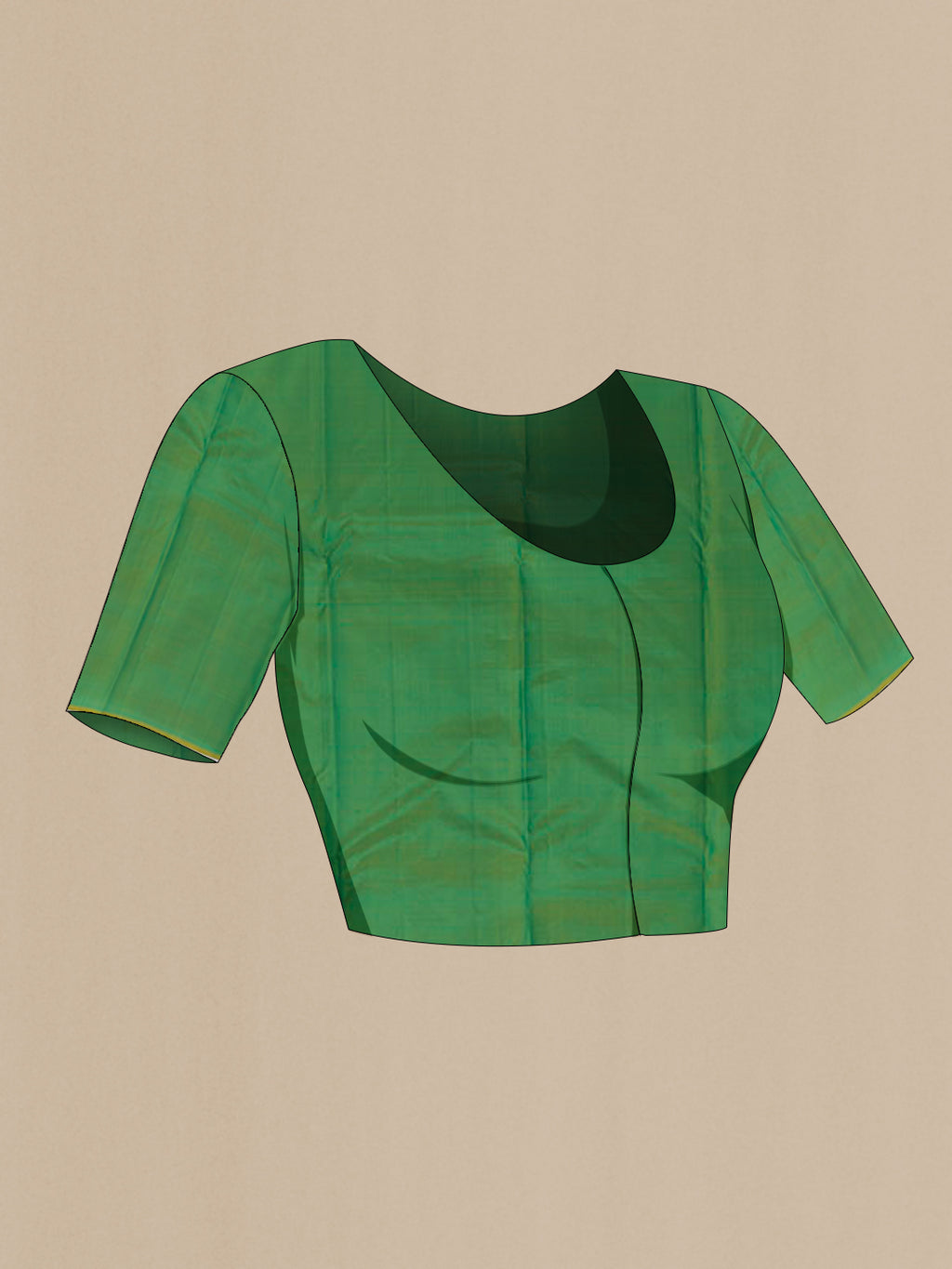 Close up image of the blouse of Green Kanchipuram Silk Saree with Zari Butta on the body and Zari Border. 