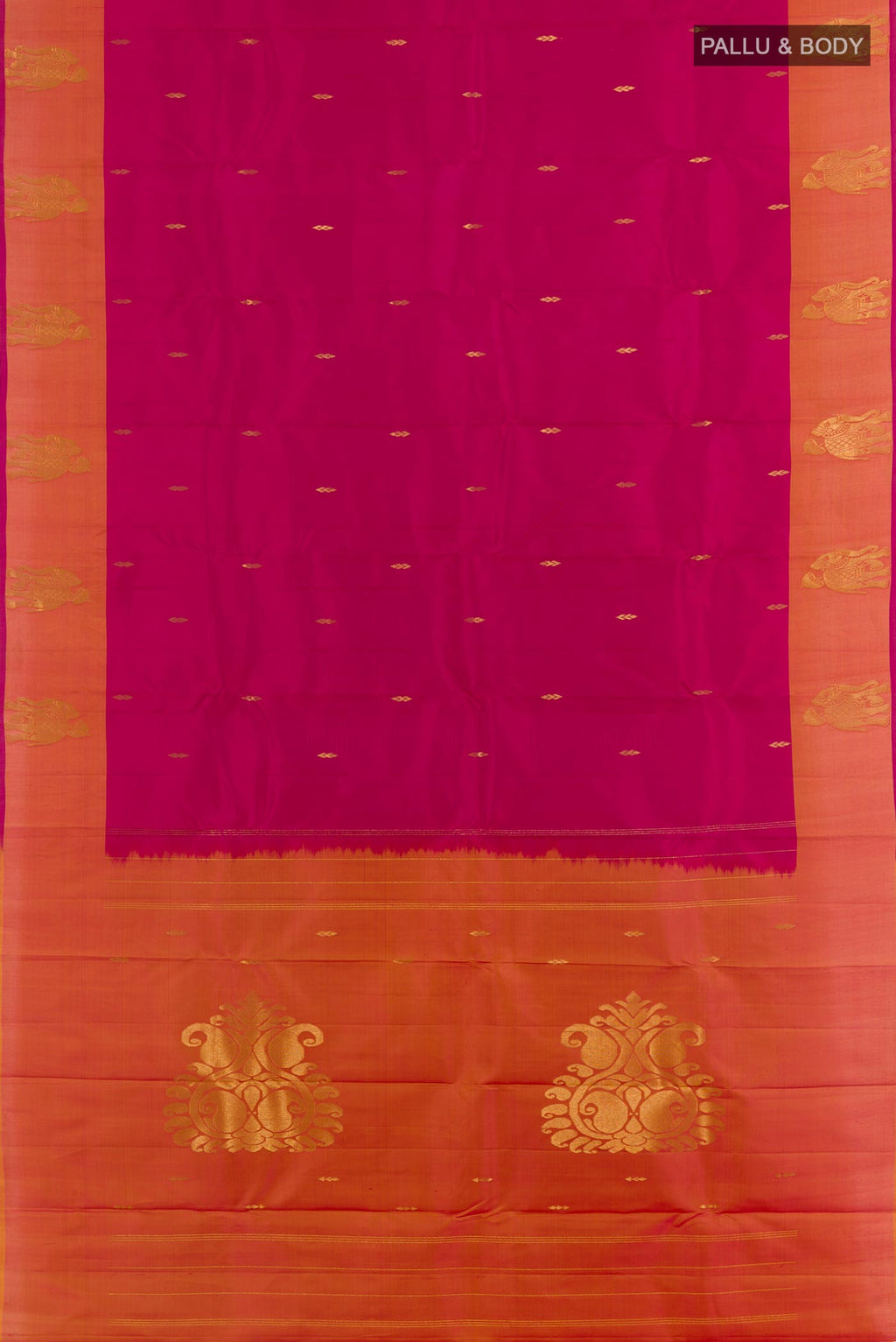 Flat view of Purple Kanchipuram Silk Saree with Zari Butta on the body and Zari Border. 