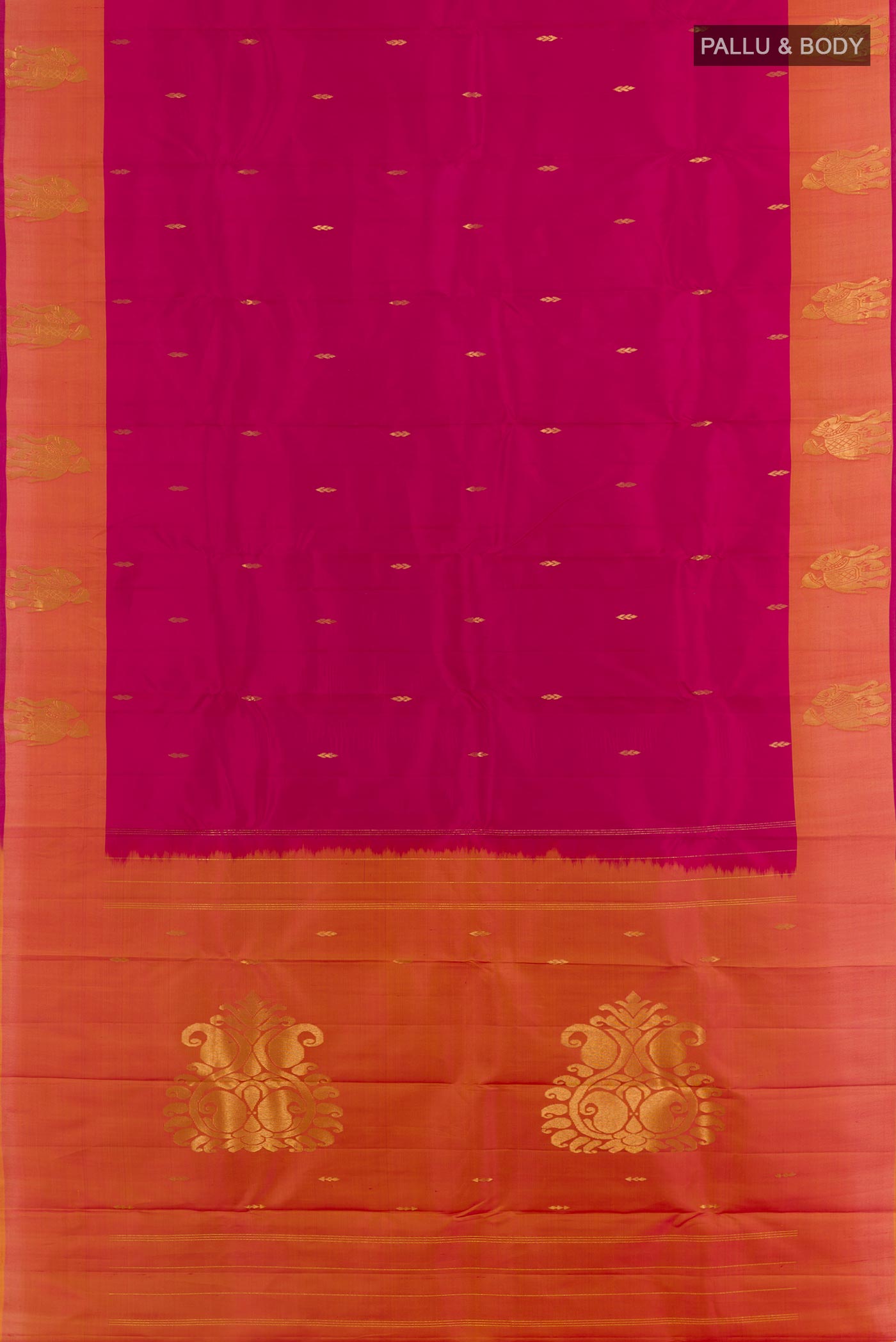 Flat view of Purple Kanchipuram Silk Saree with Zari Butta on the body and Zari Border. 