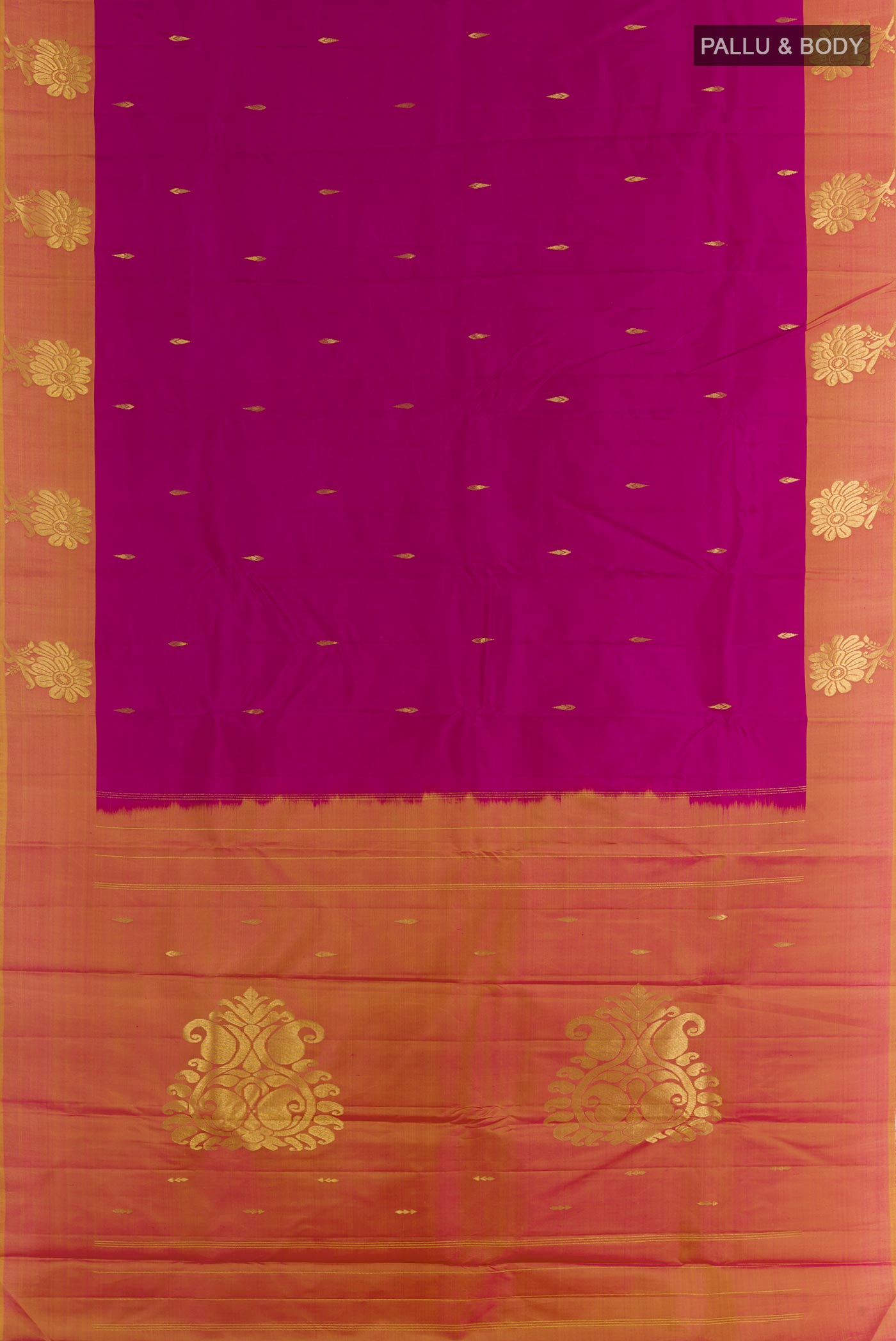 Flat view of Purple Kanchipuram Silk Saree with Zari Butta on the body and Zari Border. 
