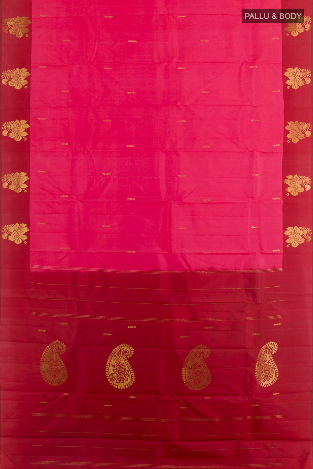 Flat view of Pink Kanchipuram Silk Saree with Zari Butta on the body and Zari Border. 