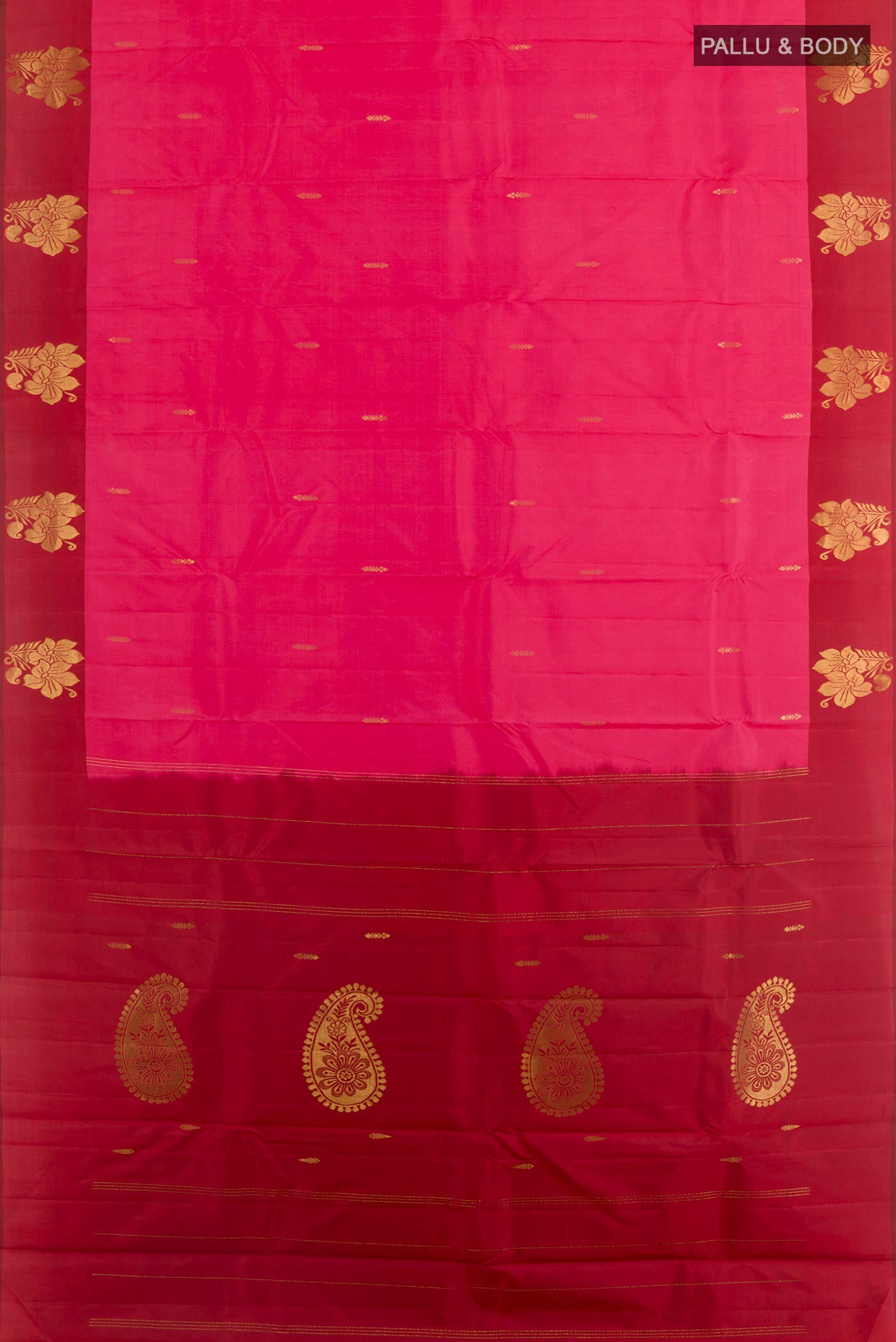 Flat view of Pink Kanchipuram Silk Saree with Zari Butta on the body and Zari Border. 