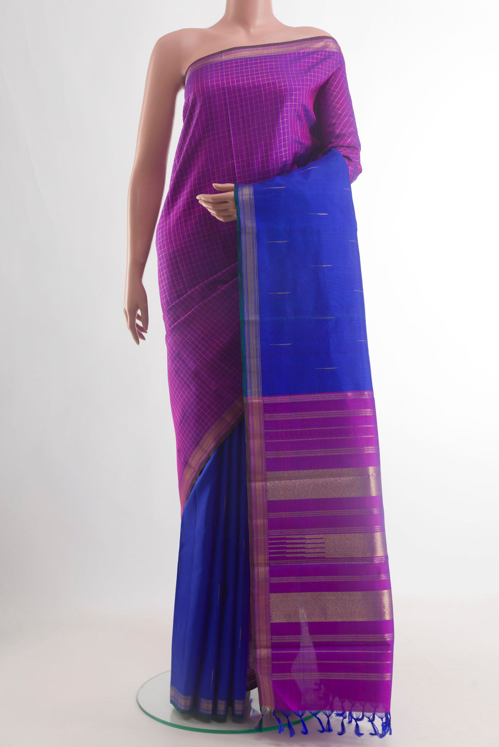 Multi Color Kanchipuram Silk Saree with Half And Half on the body and Zari Border.  displayed on a mannequin
