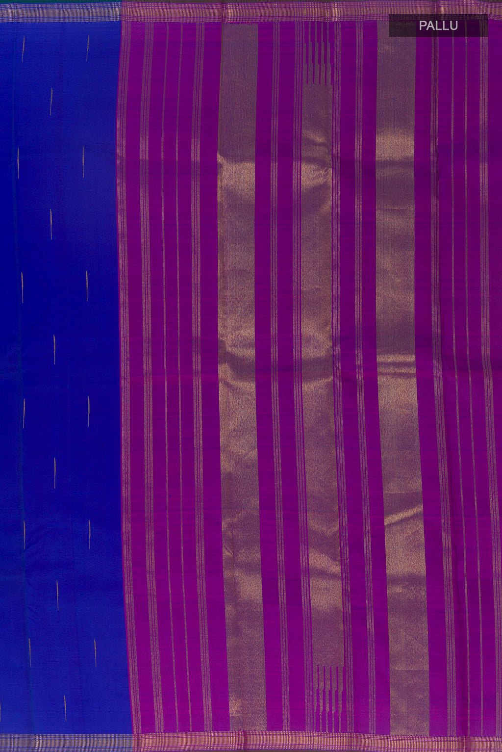 Close up image of the pallu of Multi Color Kanchipuram Silk Saree with Half And Half on the body and Zari Border. 