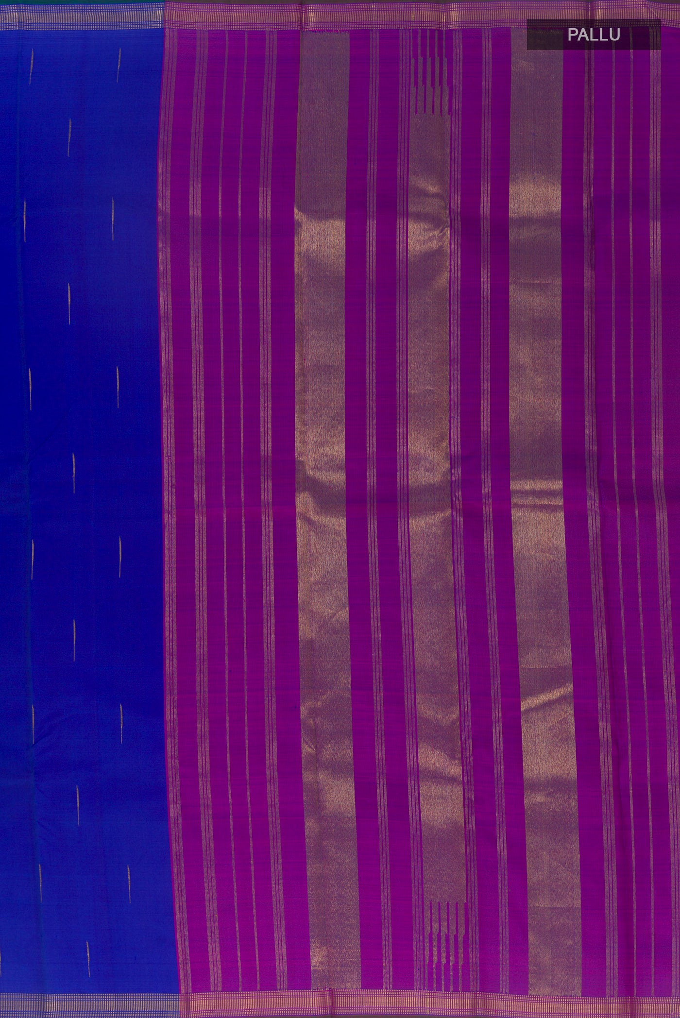 Close up image of the pallu of Multi Color Kanchipuram Silk Saree with Half And Half on the body and Zari Border. 