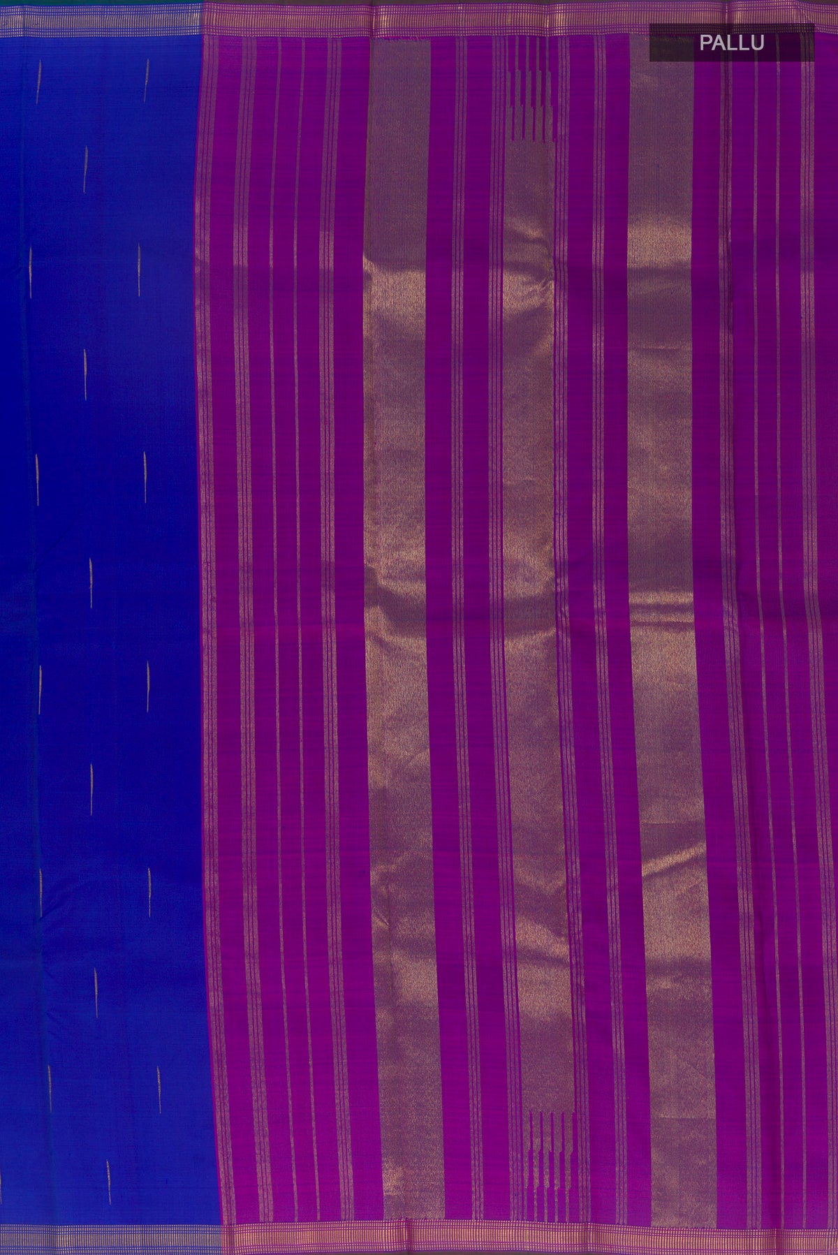 Close up image of the pallu of Multi Color Kanchipuram Silk Saree with Half And Half on the body and Zari Border. 