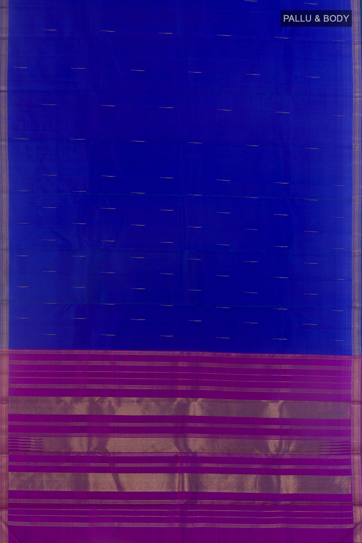 Flat view of Multi Color Kanchipuram Silk Saree with Half And Half on the body and Zari Border. 