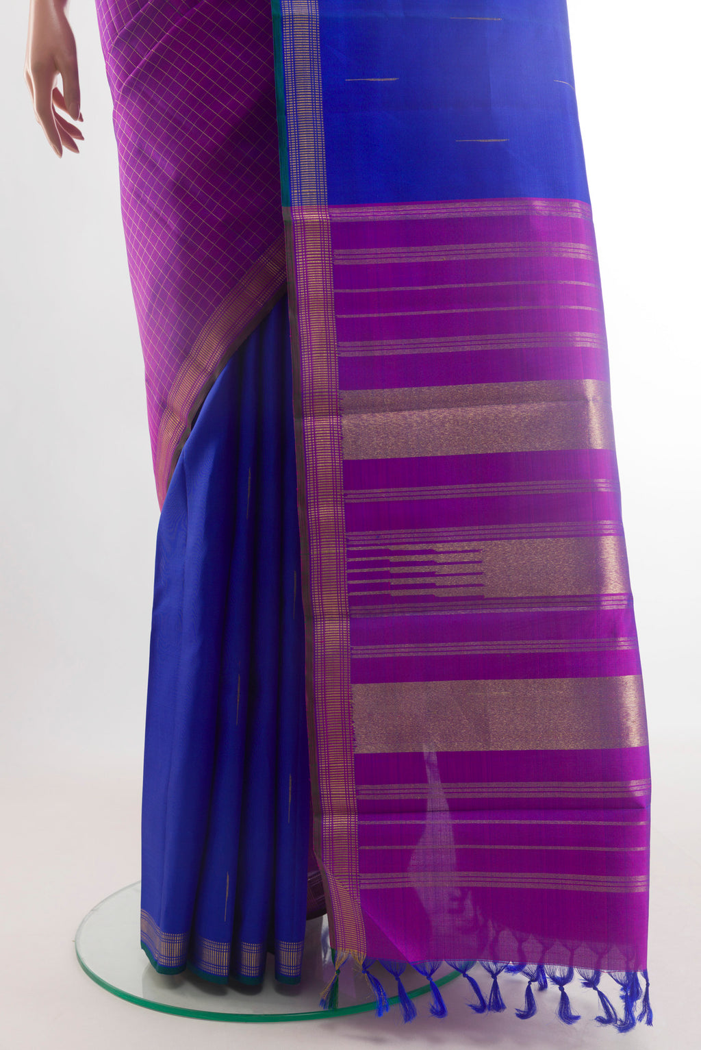 Pleats and pallu of Multi Color Kanchipuram Silk Saree with Half And Half on the body and Zari Border. 