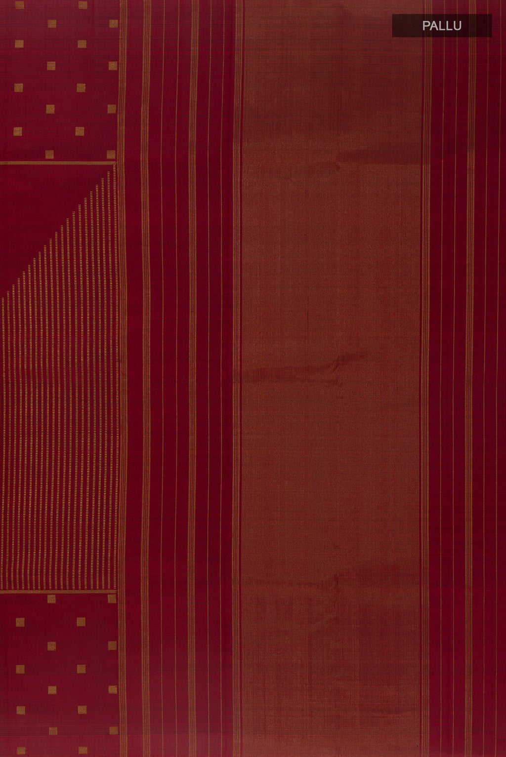 Close up image of the pallu of Pure Silk Maroon Kanchipuram Saree with Zari Butta on the body and Zari Border. 