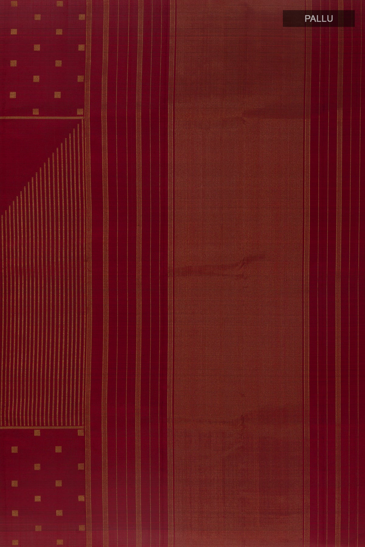 Close up image of the pallu of Pure Silk Maroon Kanchipuram Saree with Zari Butta on the body and Zari Border. 