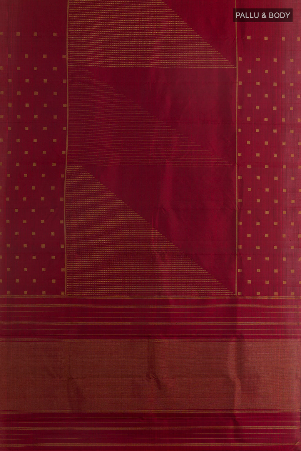 Flat view of Pure Silk Maroon Kanchipuram Saree with Zari Butta on the body and Zari Border. 