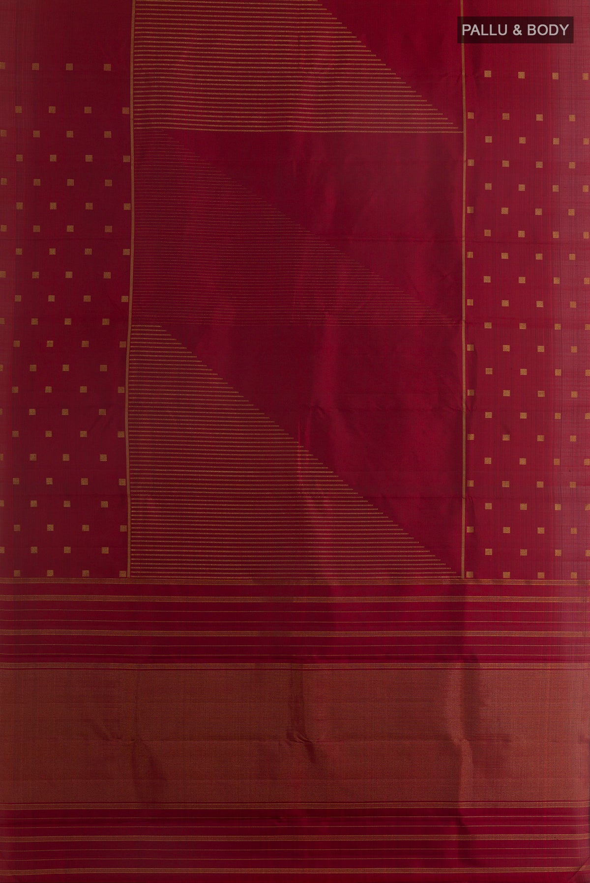 Flat view of Pure Silk Maroon Kanchipuram Saree with Zari Butta on the body and Zari Border. 