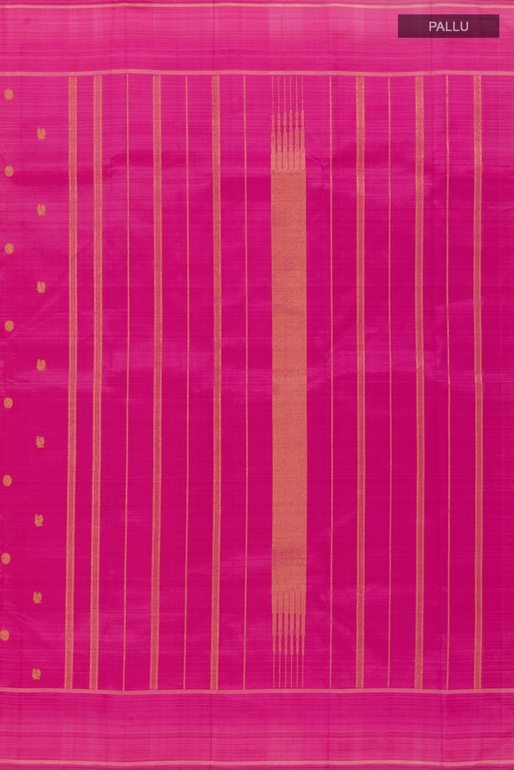 Close up image of the pallu of Pink Kanjivaram Silk Saree with Zari Butta on the body and Zari Border. 