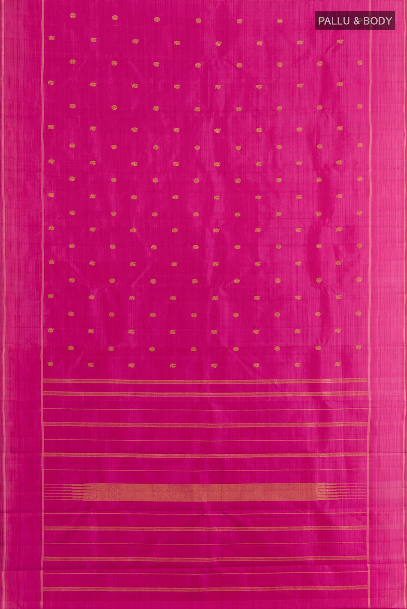 Flat view of Pink Kanjivaram Silk Saree with Zari Butta on the body and Zari Border. 