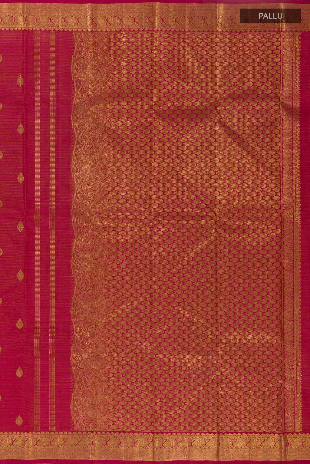Close up image of the pallu of Maroon Kanchipuram Silk Saree with Zari Brocade on the body and Zari Border. 