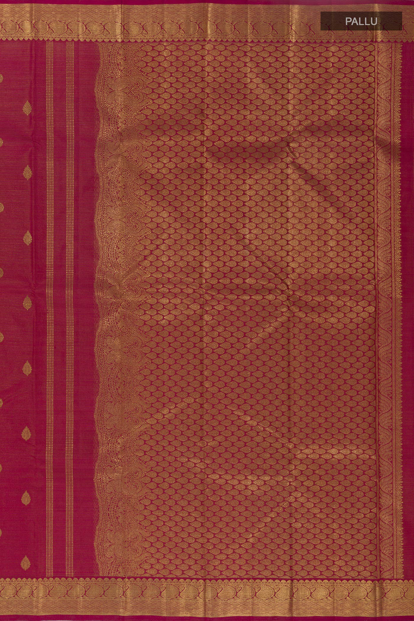 Close up image of the pallu of Maroon Kanchipuram Silk Saree with Zari Brocade on the body and Zari Border. 