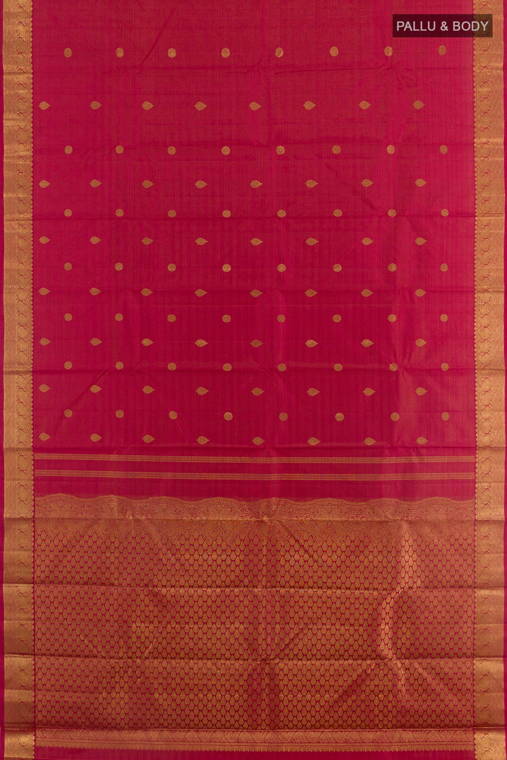 Flat view of Maroon Kanchipuram Silk Saree with Zari Brocade on the body and Zari Border. 