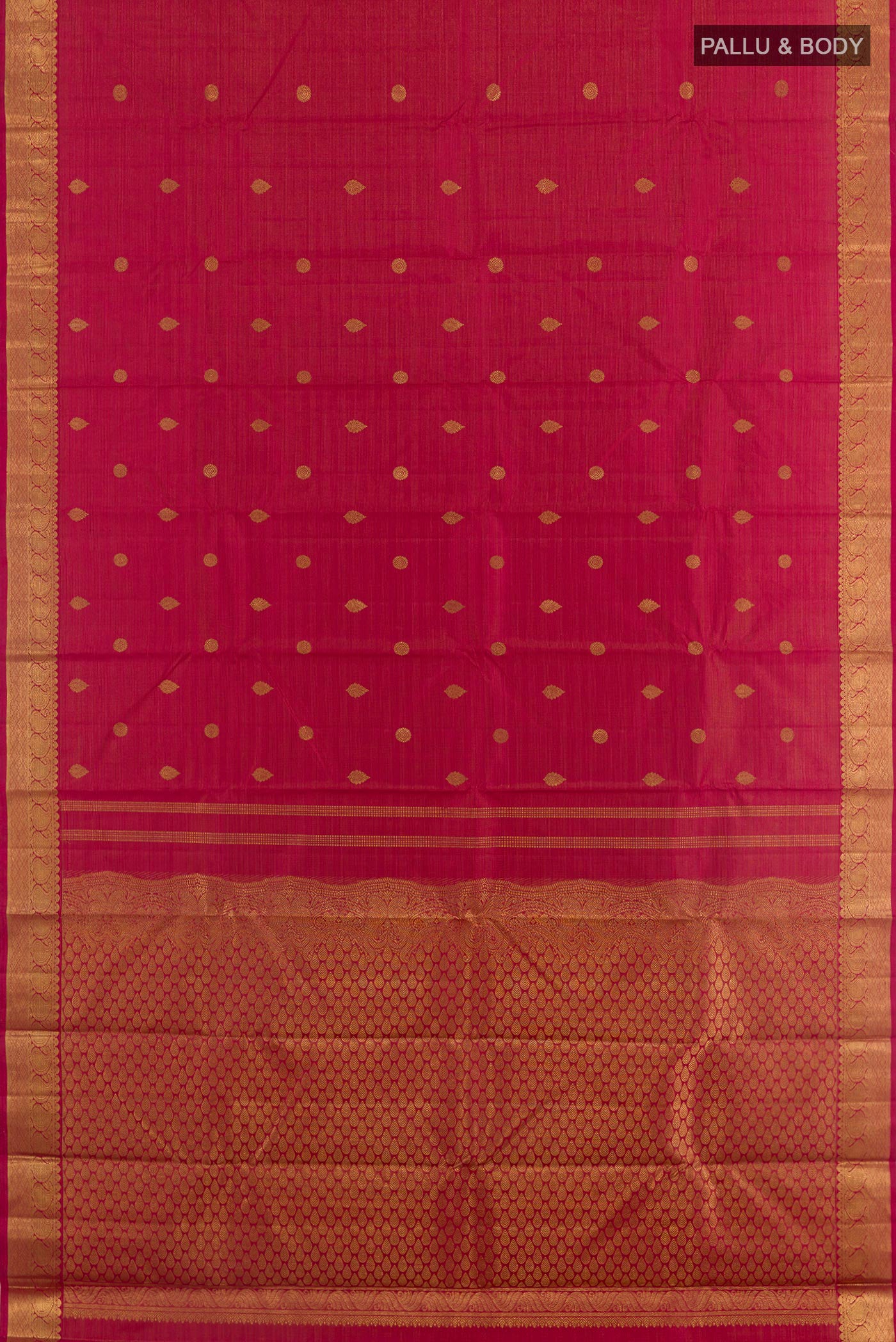 Flat view of Maroon Kanchipuram Silk Saree with Zari Brocade on the body and Zari Border. 