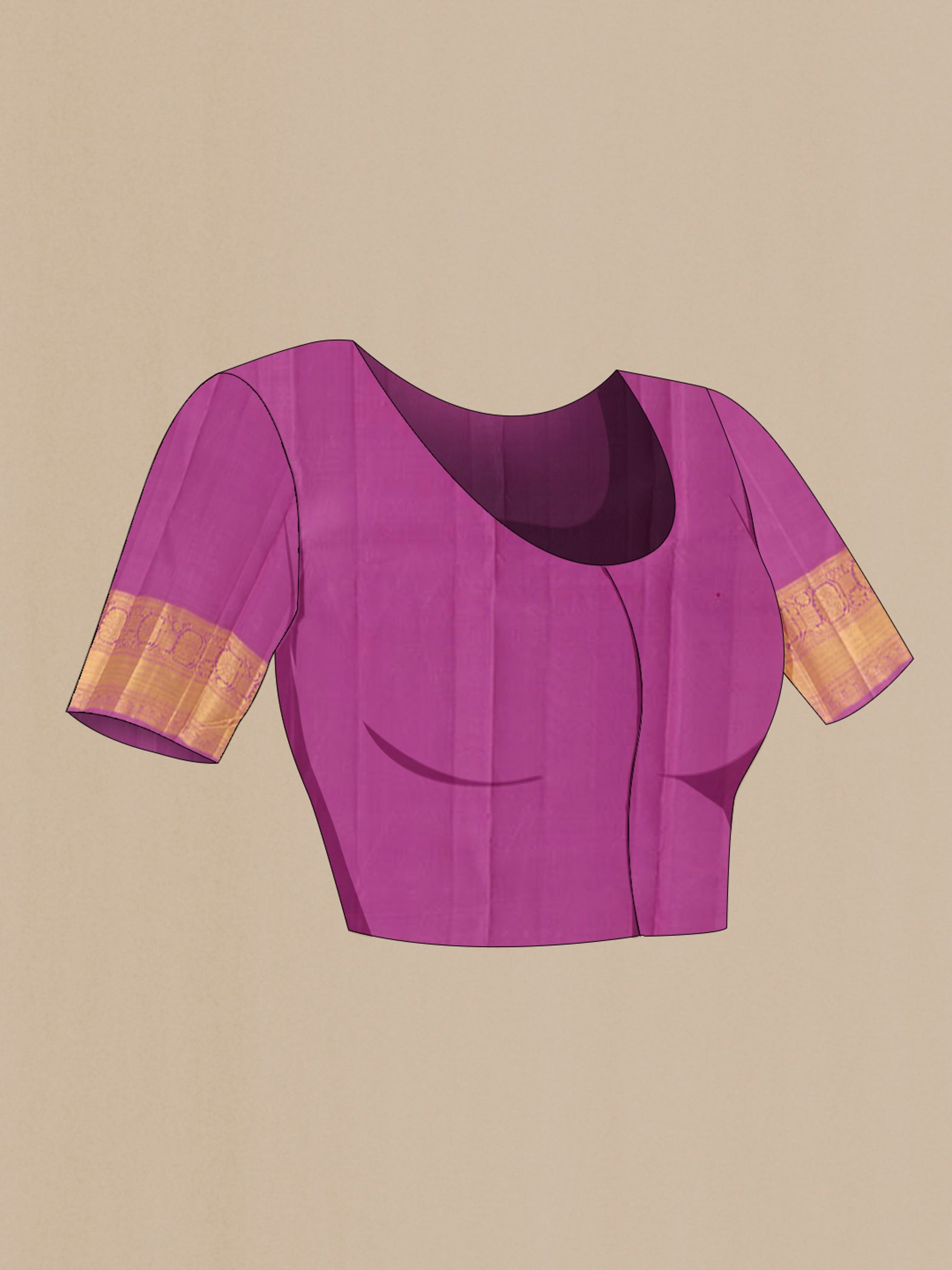 Close up image of the blouse of Lavender Kanchipuram Silk Saree with Zari Brocade on the body and Zari Border. 