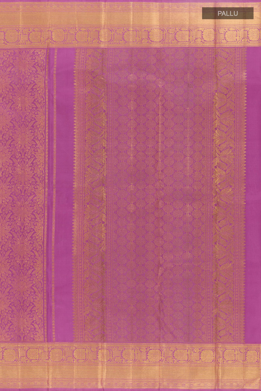 Close up image of the pallu of Lavender Kanchipuram Silk Saree with Zari Brocade on the body and Zari Border. 