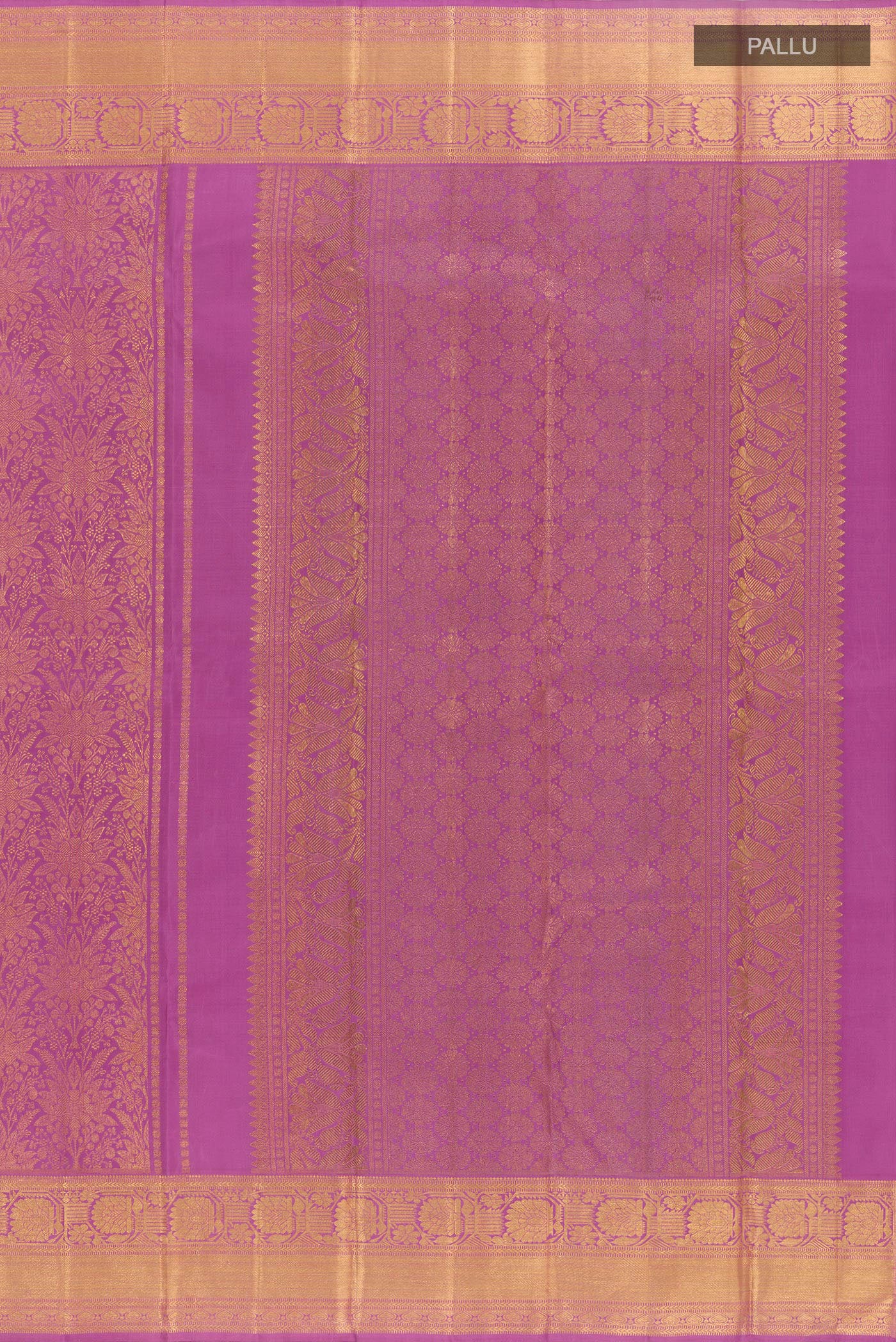 Close up image of the pallu of Lavender Kanchipuram Silk Saree with Zari Brocade on the body and Zari Border. 