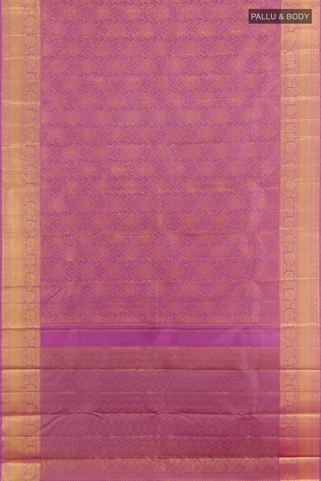 Flat view of Lavender Kanchipuram Silk Saree with Zari Brocade on the body and Zari Border. 