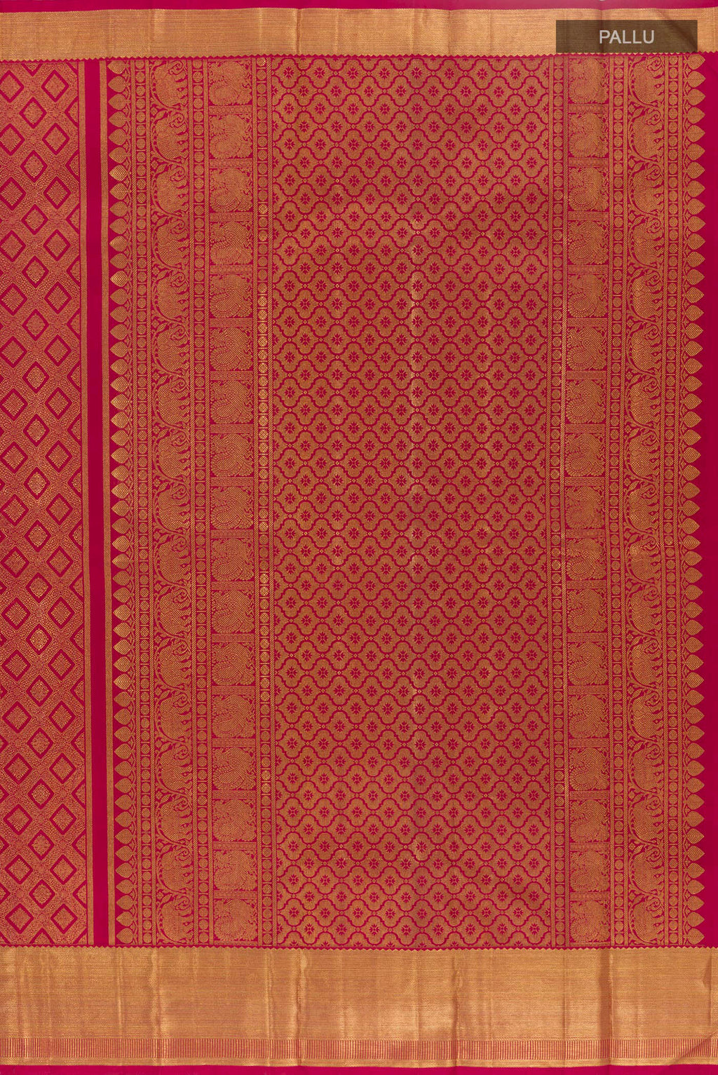 Close up image of the pallu of Red Kanchipuram Silk Saree with Zari Brocade on the body and Zari Border. 
