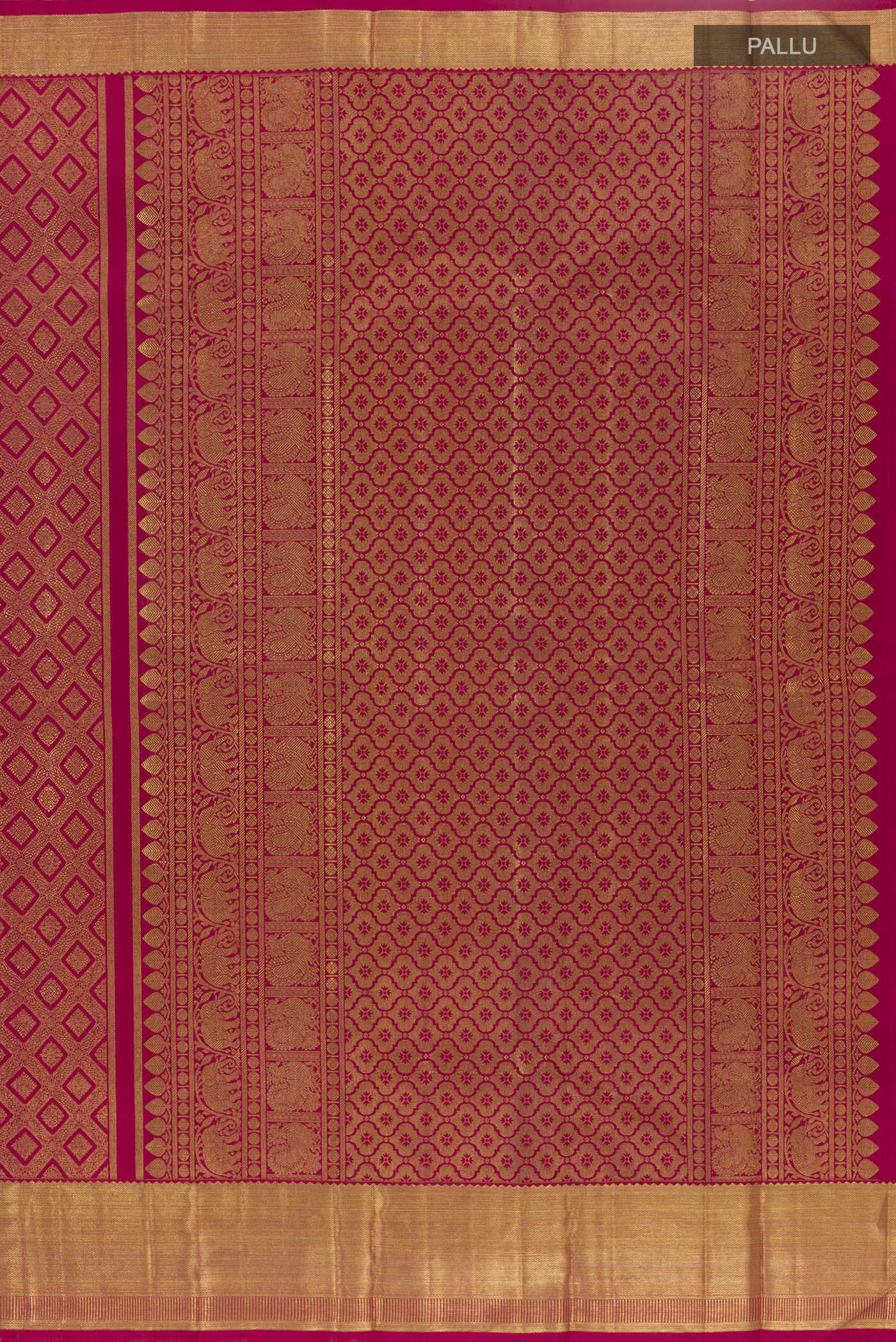 Close up image of the pallu of Red Kanchipuram Silk Saree with Zari Brocade on the body and Zari Border. 