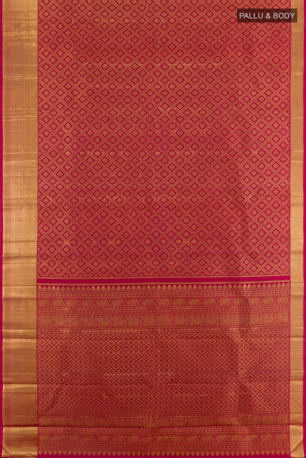 Flat view of Red Kanchipuram Silk Saree with Zari Brocade on the body and Zari Border. 