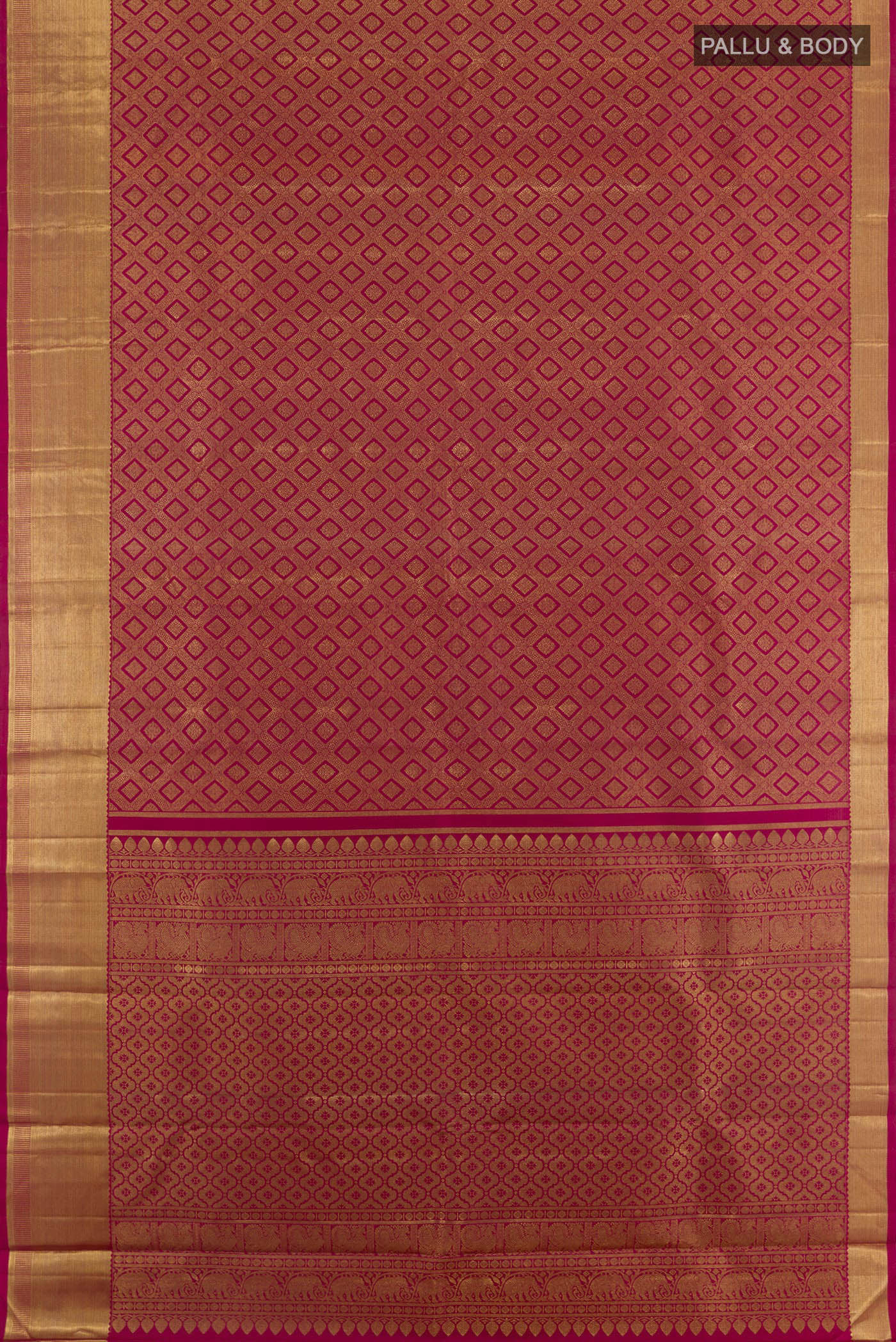 Flat view of Red Kanchipuram Silk Saree with Zari Brocade on the body and Zari Border. 