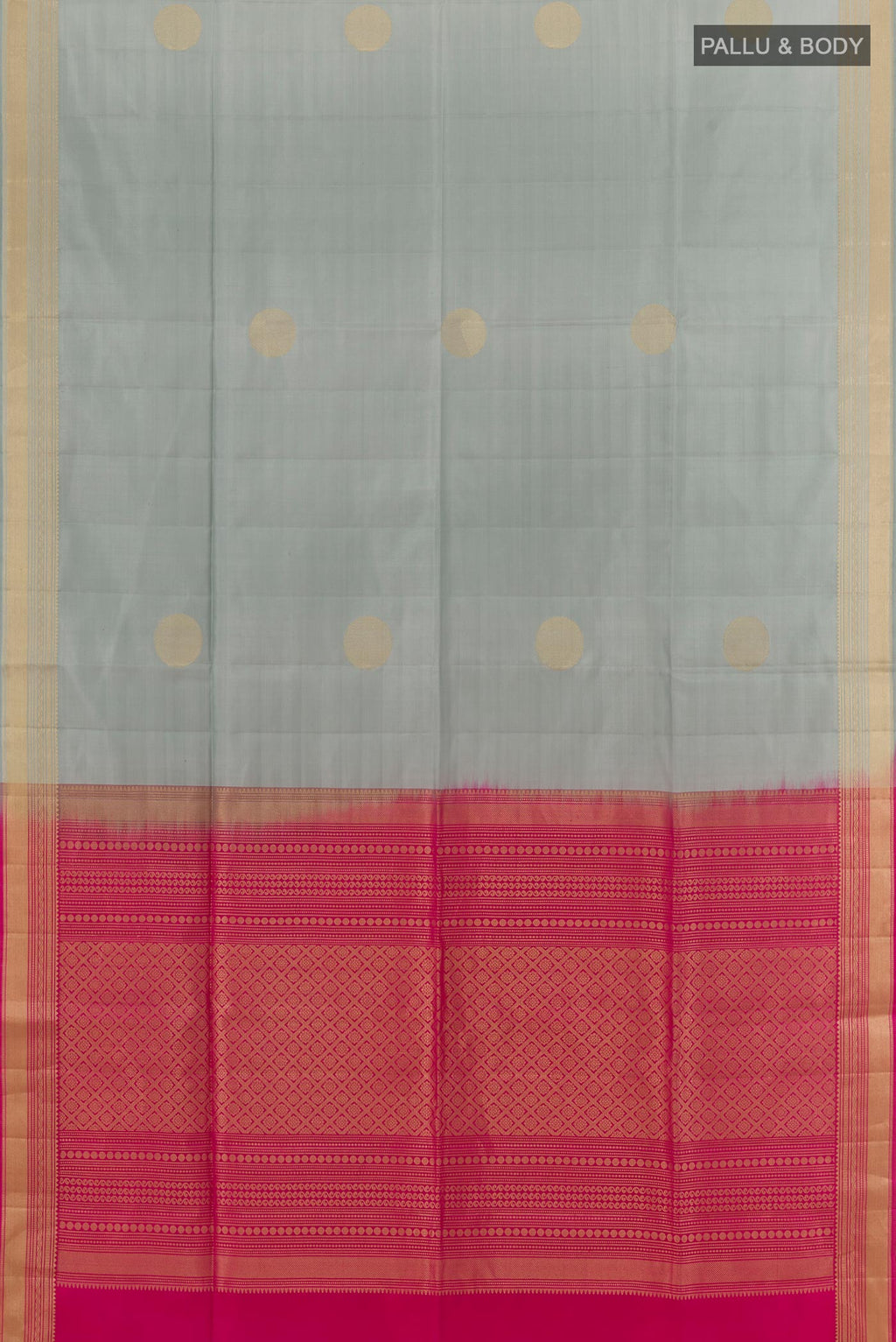 Flat view of Grey Soft Silk Saree with Zari Butta on the body and Zari Border. 