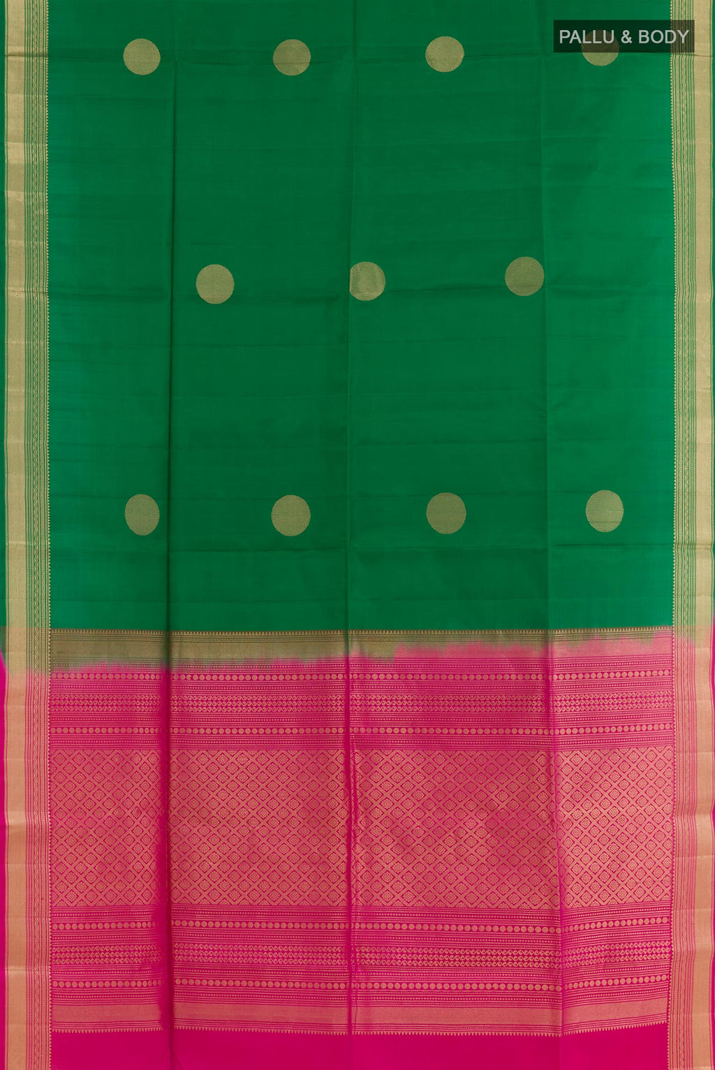 Flat view of Green Soft Silk Saree with Zari Butta on the body and Zari Border. 