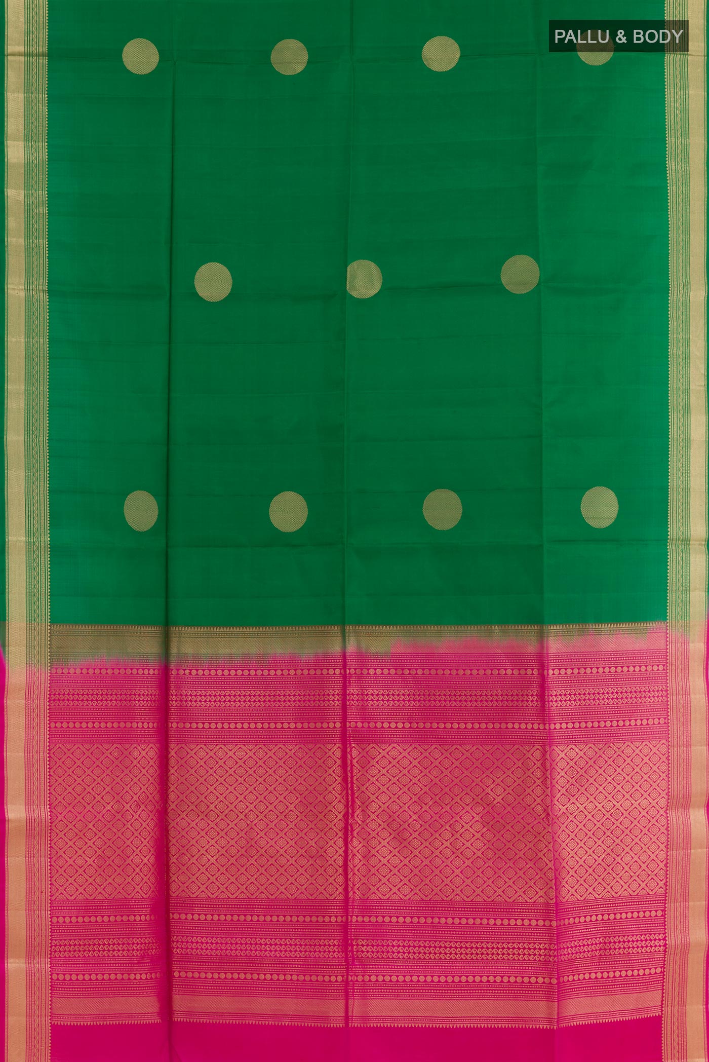 Flat view of Green Soft Silk Saree with Zari Butta on the body and Zari Border. 