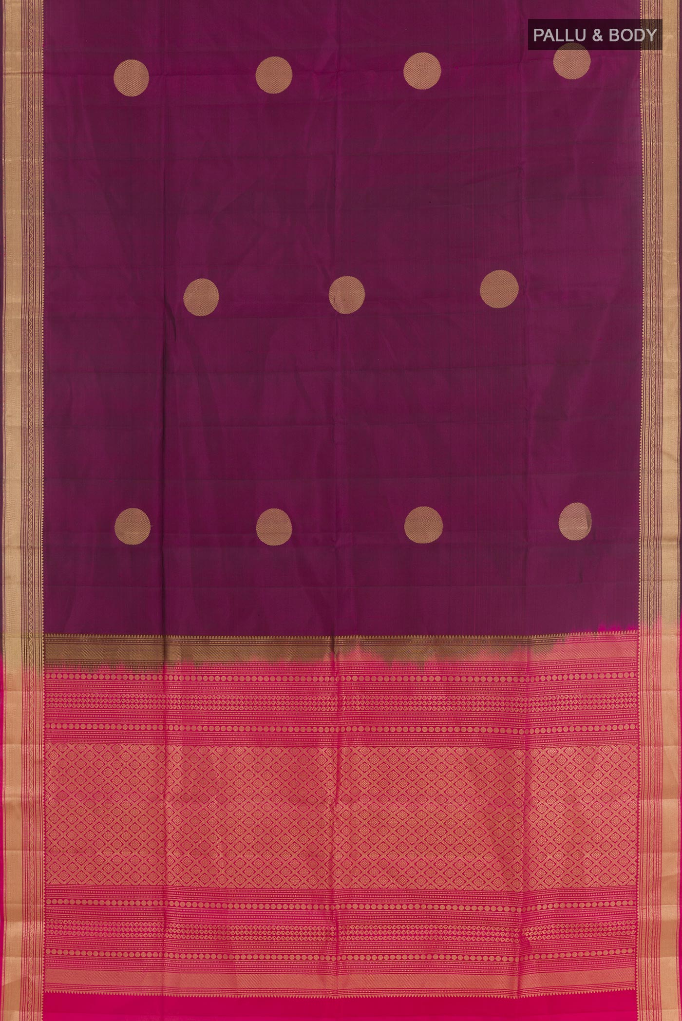 Flat view of Purple Soft Silk Saree with Zari Butta on the body and Zari Border. 