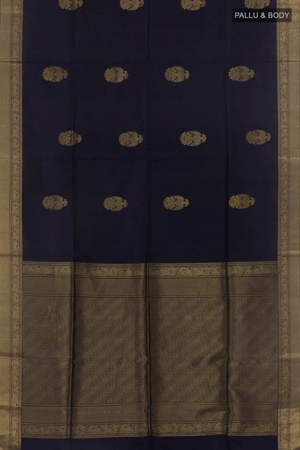 Flat view of Pure Silk Navy Blue Soft Saree with Zari Butta on the body and Zari Border. 