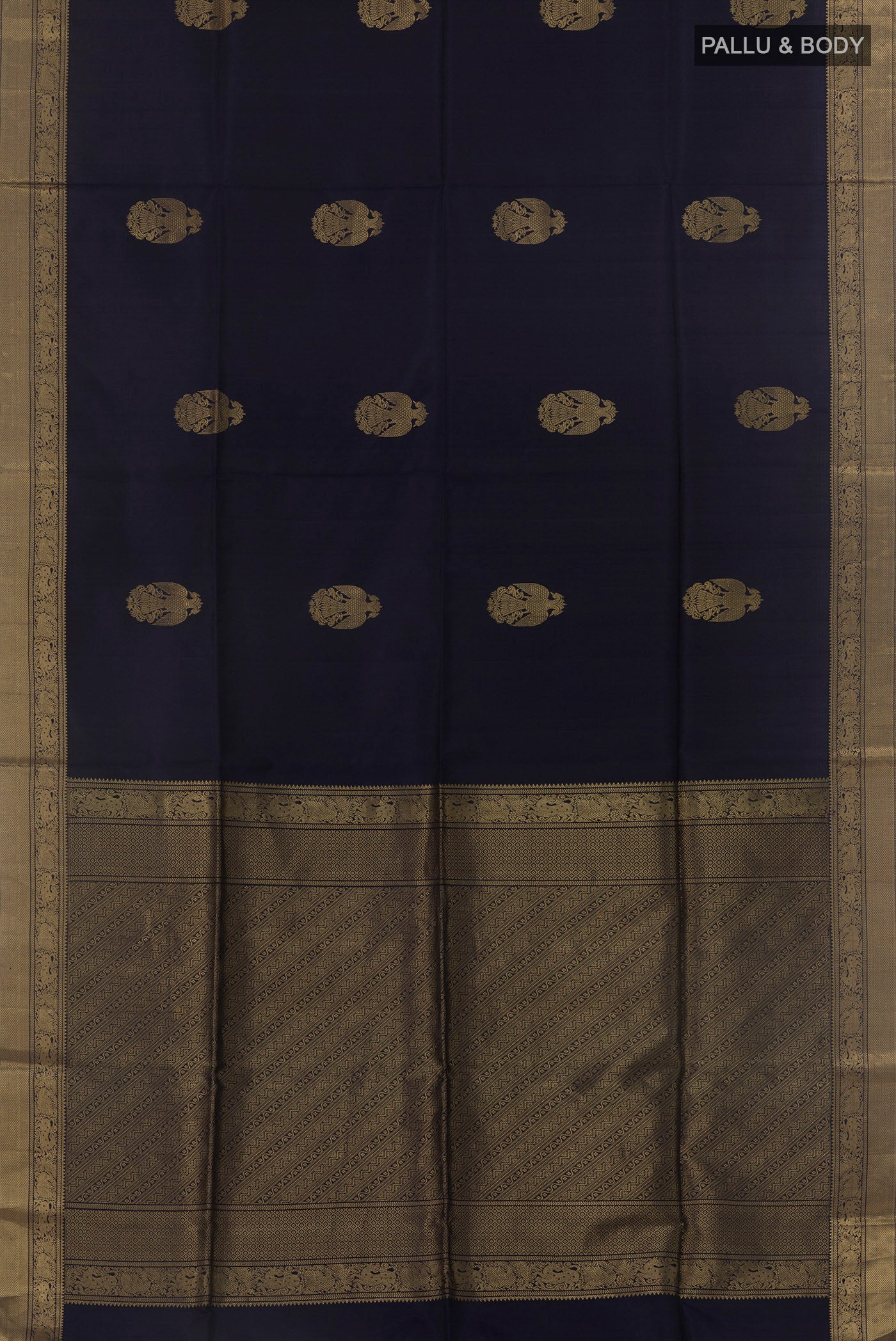 Flat view of Pure Silk Navy Blue Soft Saree with Zari Butta on the body and Zari Border. 