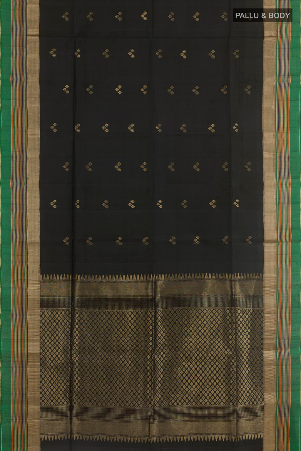Flat view of Black Soft Silk Saree with Zari Butta on the body and Zari Border. 