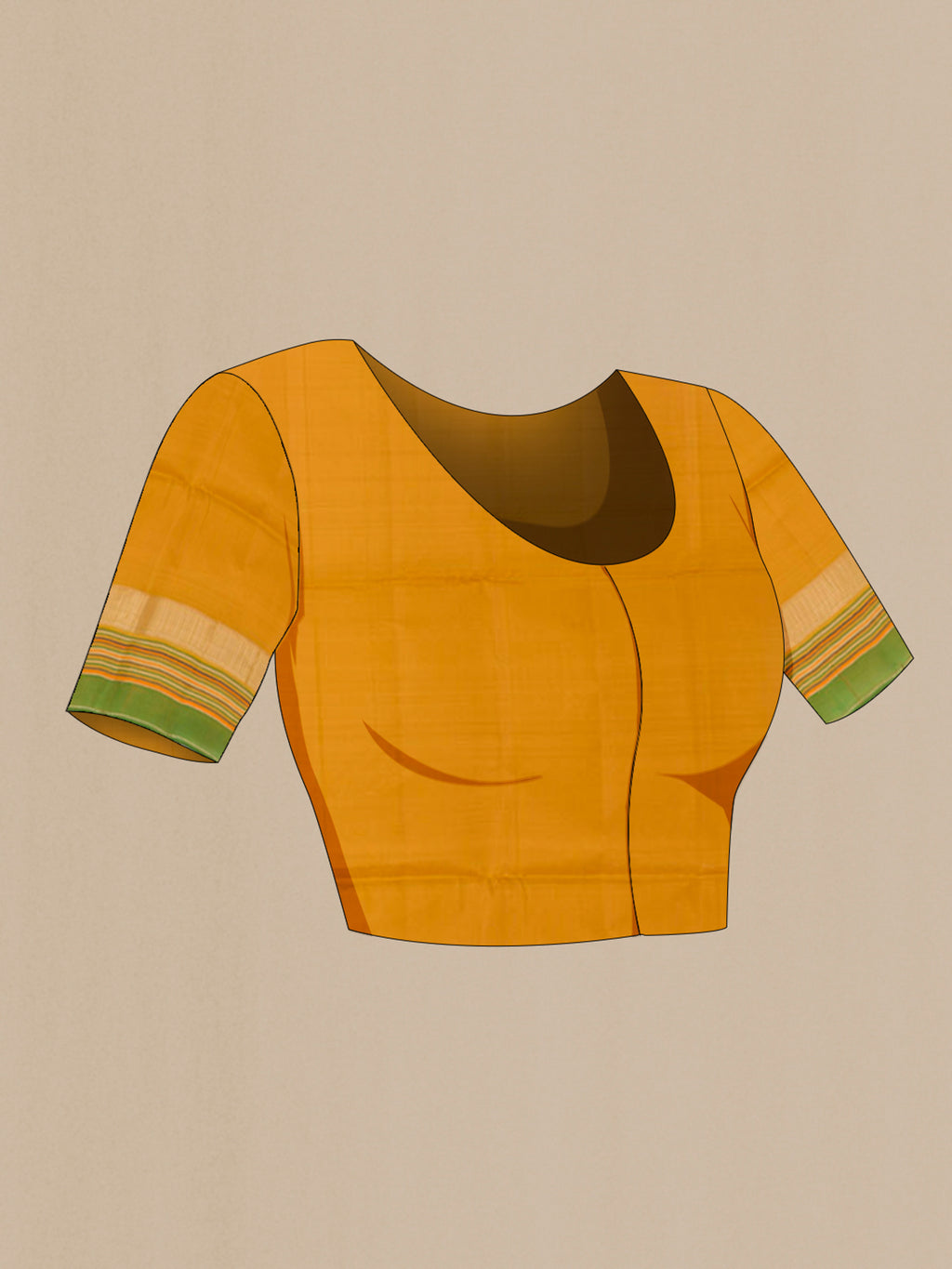 Close up image of the blouse of Yellow Soft Silk Saree with Stripes on the body and Zari Border. 