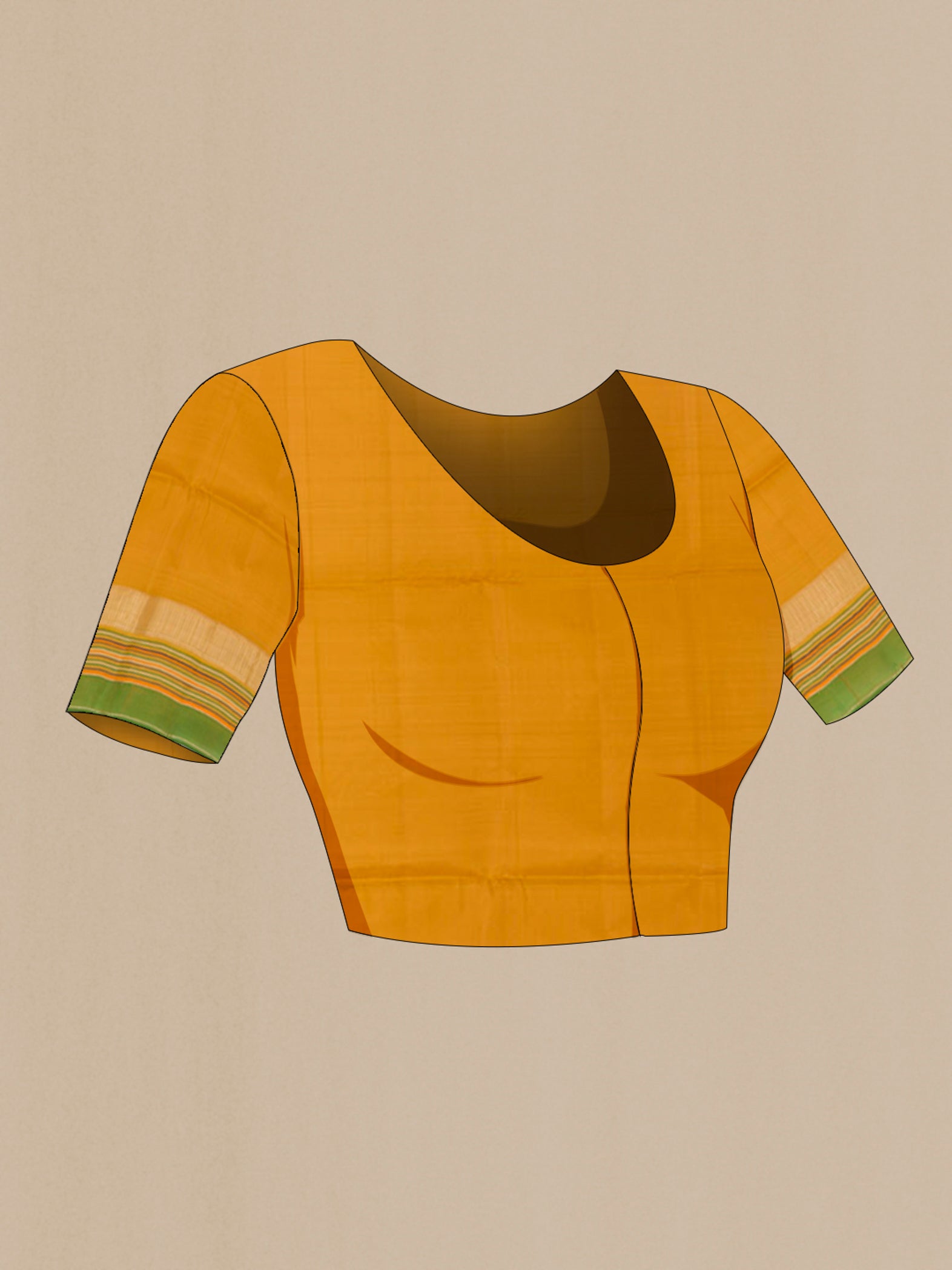 Close up image of the blouse of Yellow Soft Silk Saree with Stripes on the body and Zari Border. 
