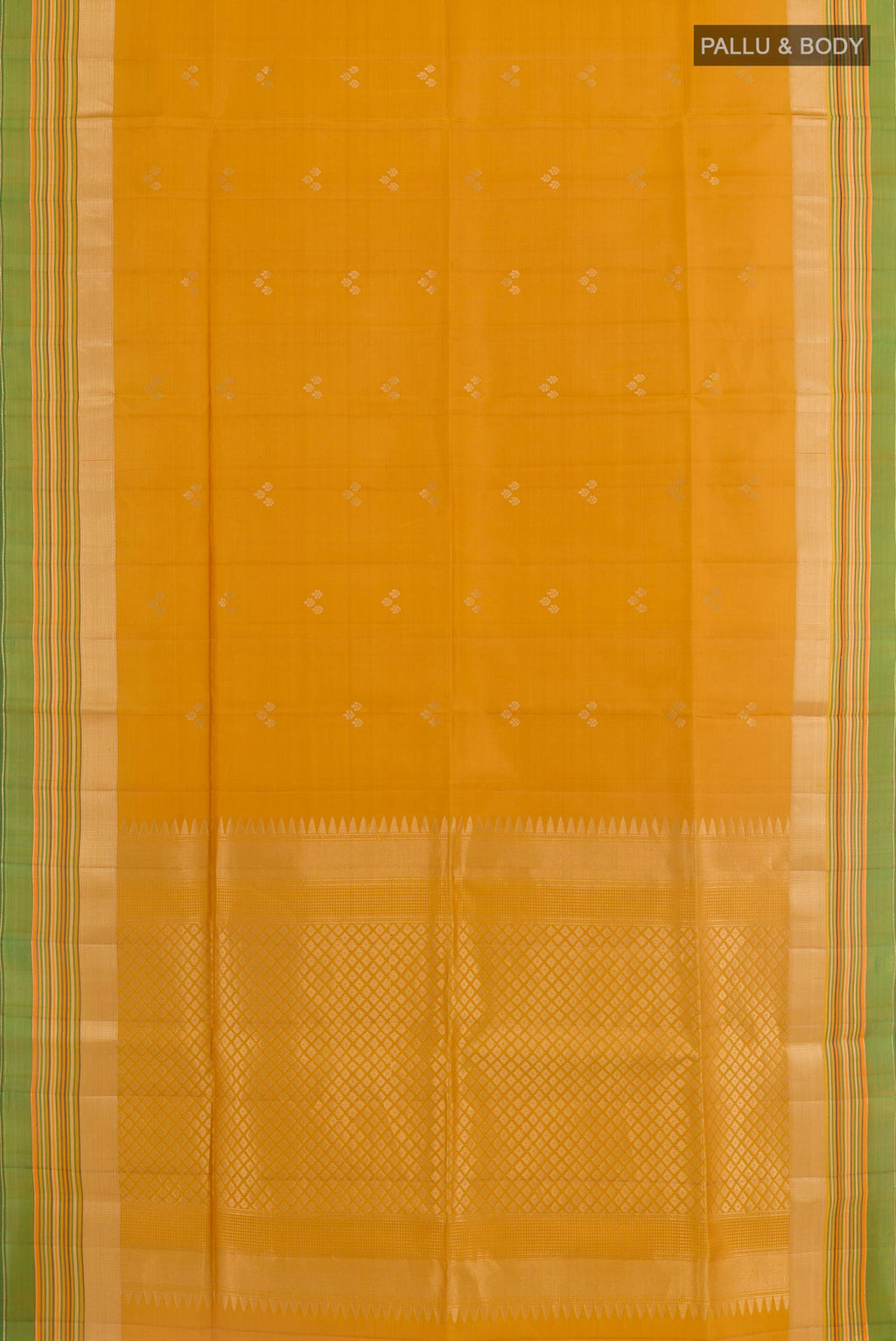 Flat view of Yellow Soft Silk Saree with Stripes on the body and Zari Border. 