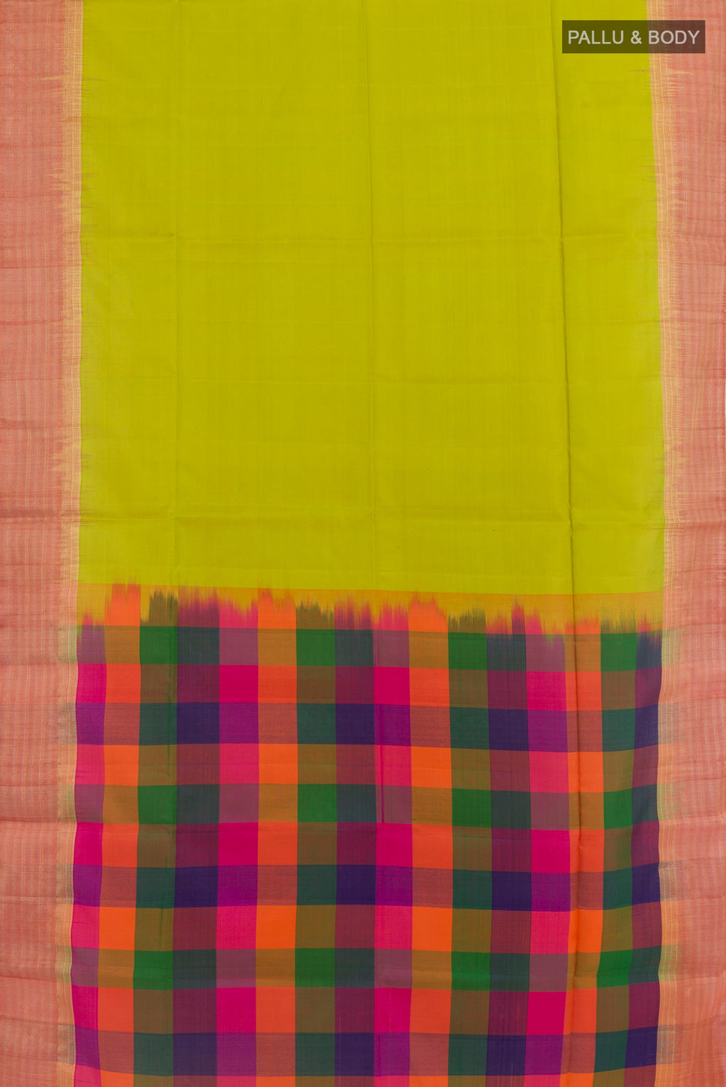Flat view of Parrot Green Soft Silk Saree with Plain Body and Zari Border. 