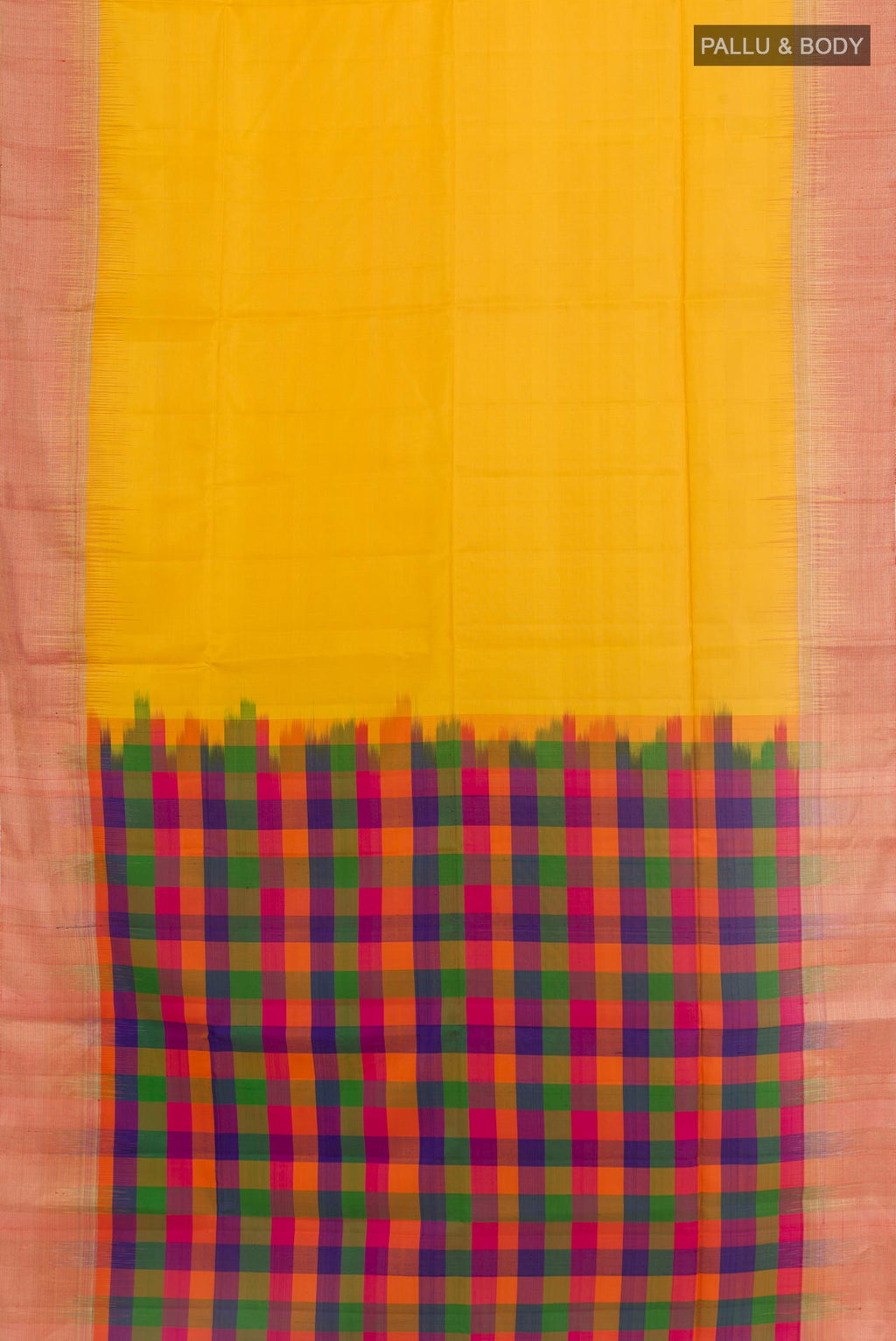 Flat view of Yellow Soft Silk Saree with Plain Body and Zari Border. 