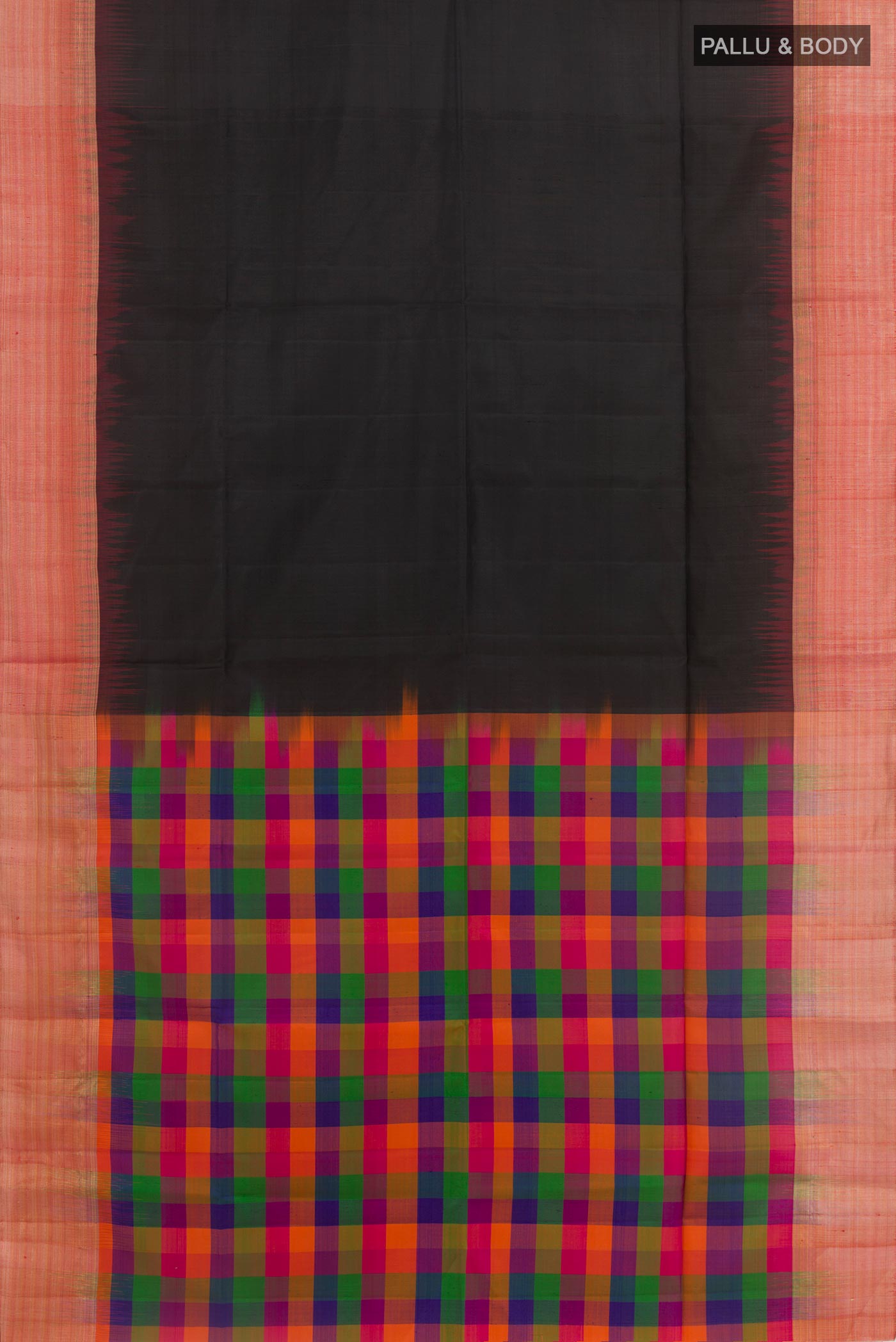 Flat view of Black Soft Silk Saree with Plain Body and Zari Border. 