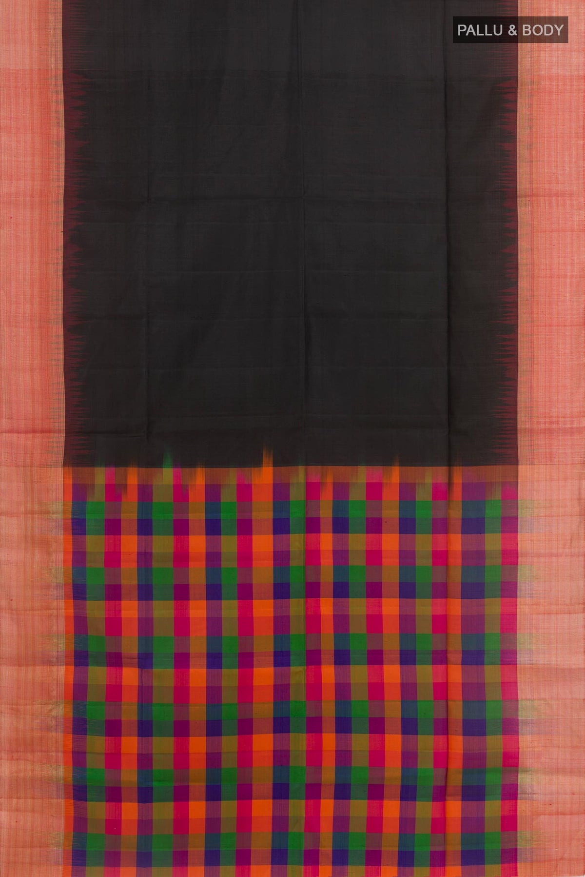 Flat view of Black Soft Silk Saree with Plain Body and Zari Border. 