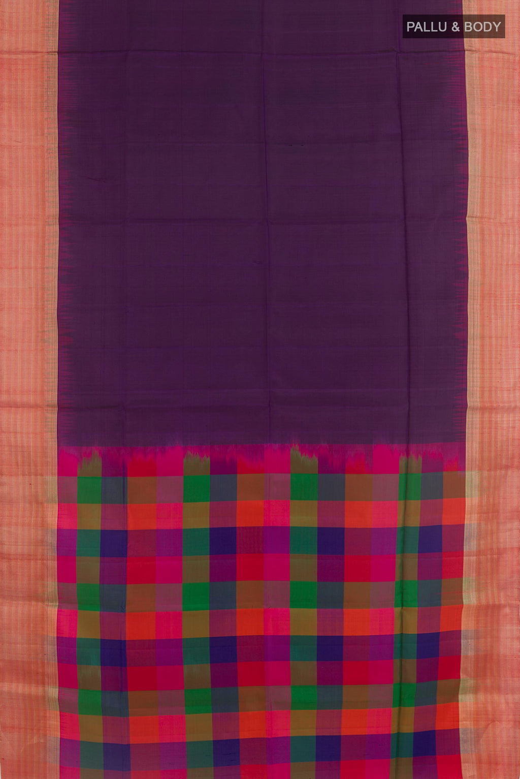 Flat view of Purple Soft Silk Saree with Plain Body and Zari Border. 