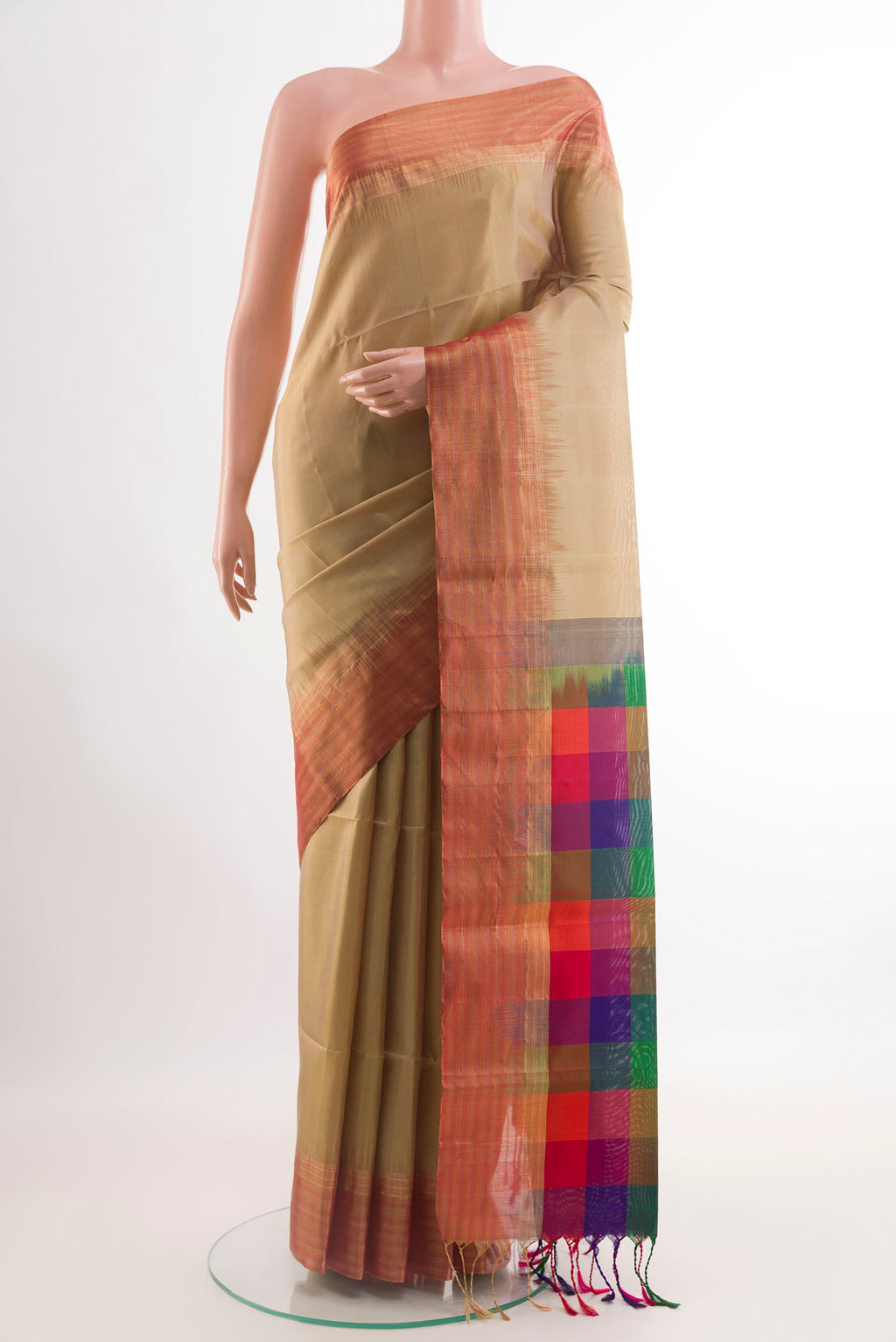 Beige Soft Silk Saree with Plain Body and Zari Border.  displayed on a mannequin