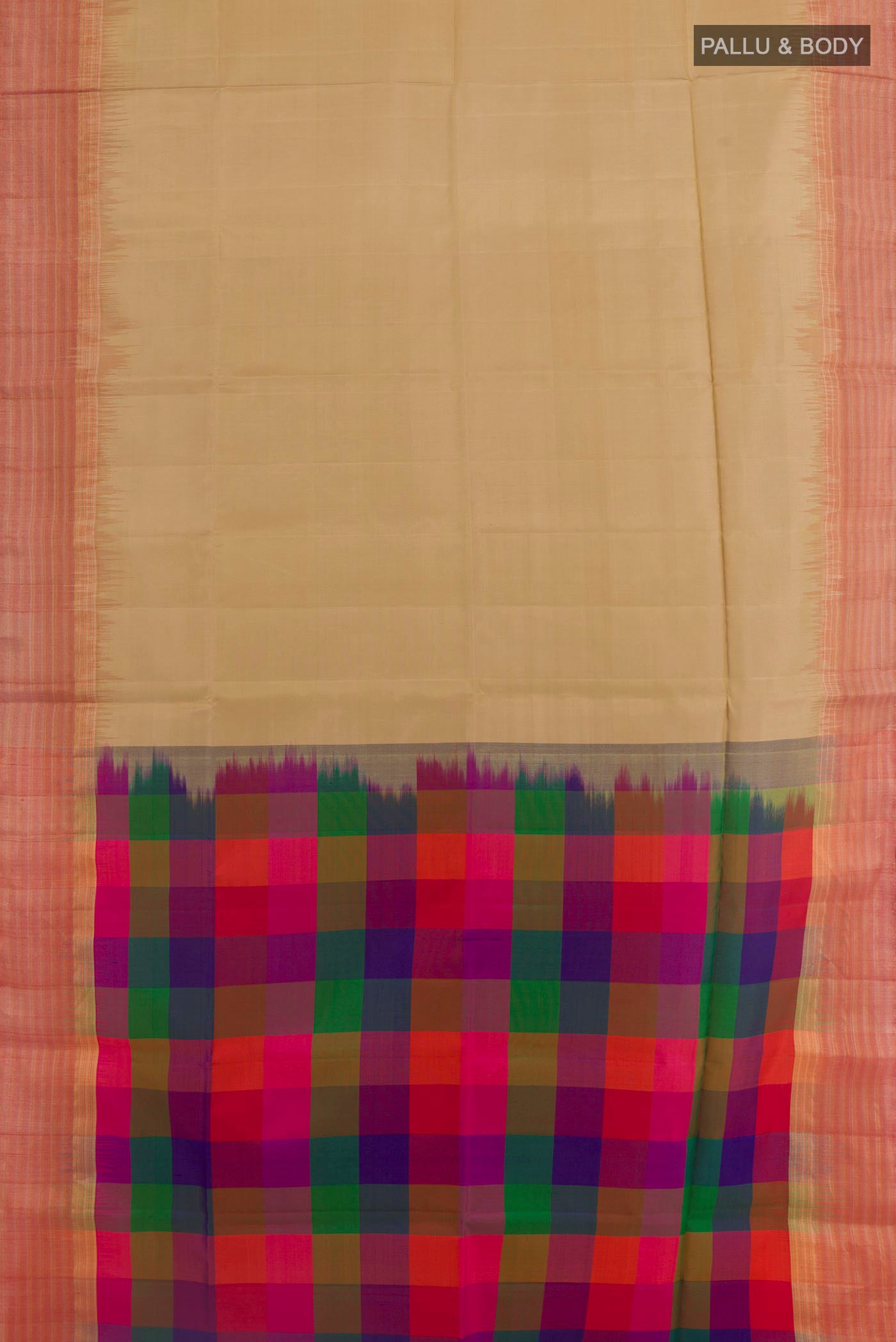 Flat view of Beige Soft Silk Saree with Plain Body and Zari Border. 